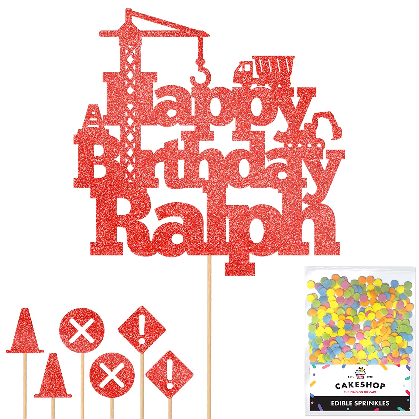Personalised Construction Site Crane Glitter Cake Topper- Red Any Custom Age & Name Glitter Cake Decoration and Sprinkles - Happy Birthday Decorations - Personalised Toppers for Cakes by Cakeshop — image 1