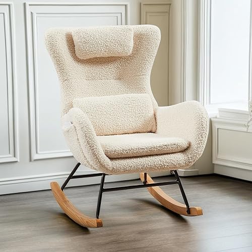 Miniatura 3 de TMEOSK Mecedora pequeña para guardería, mecedora moderna con bolsillos laterales y respaldo alto, cómoda silla deslizante con reposacabezas y