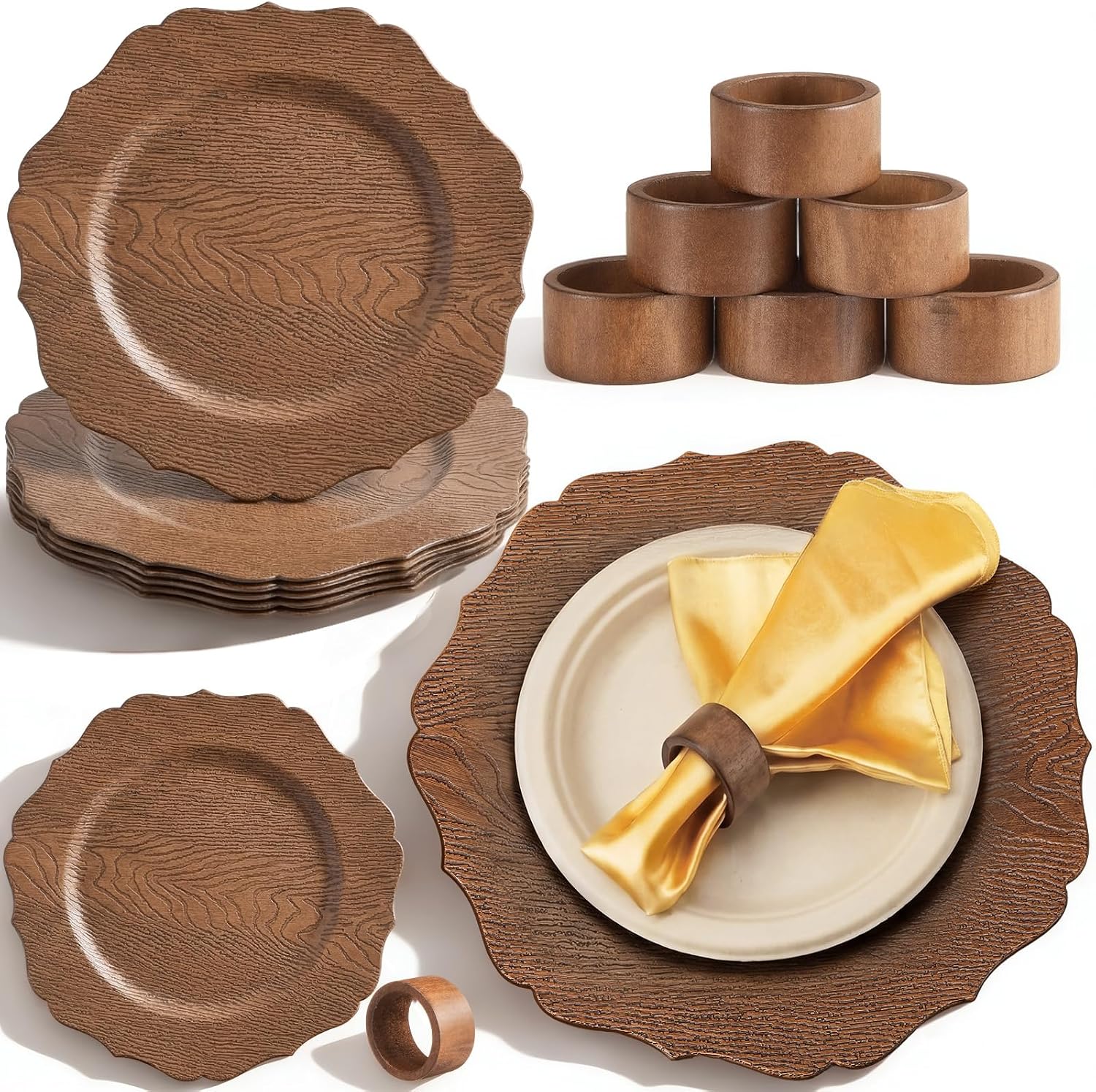 12 Pcs 13" Wooden Textured Charger Plates with Napkin Ring, Brown