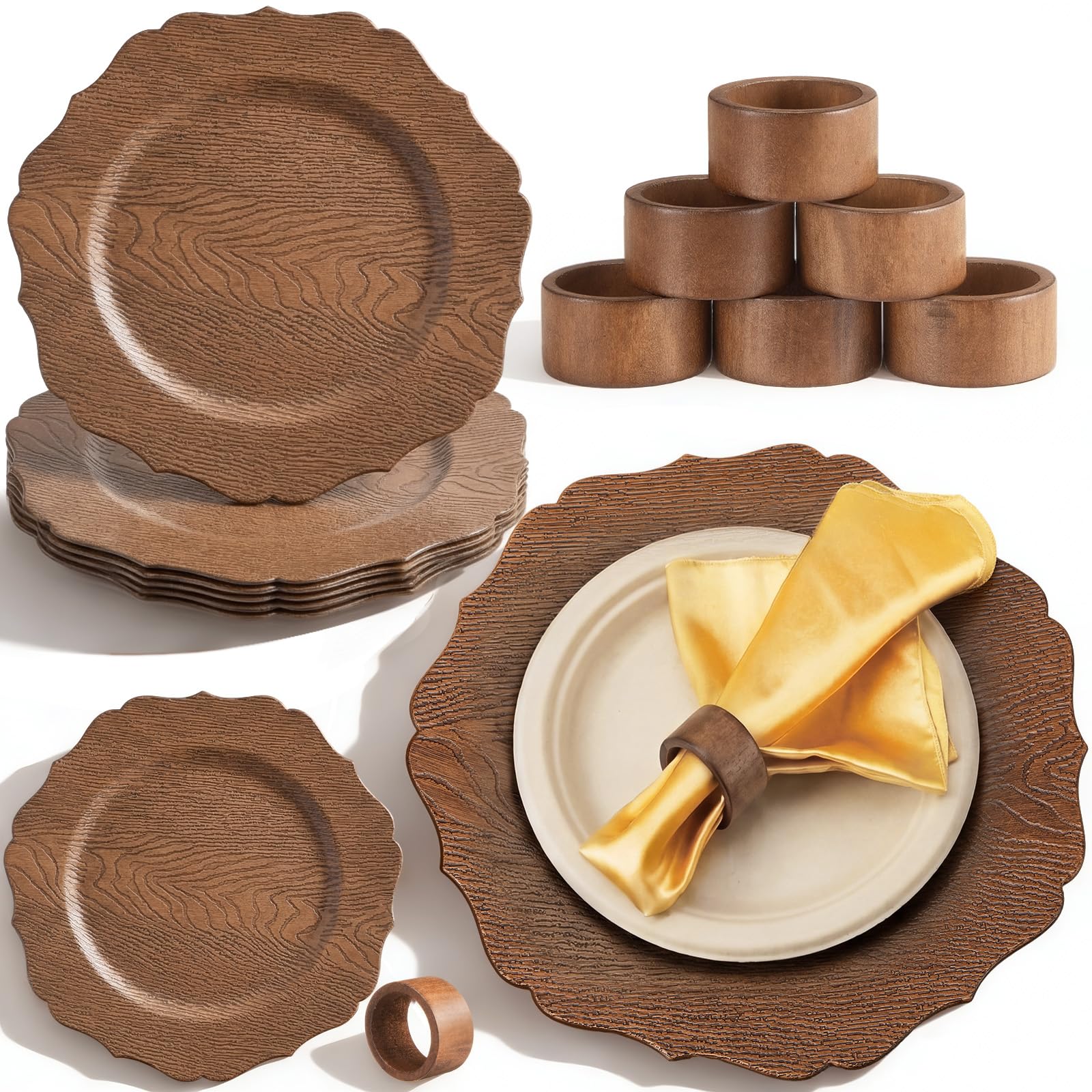 View 1 of 13" Wooden Textured Acrylic Charger Plates with Napkin Ring,Brown,12 Pcs