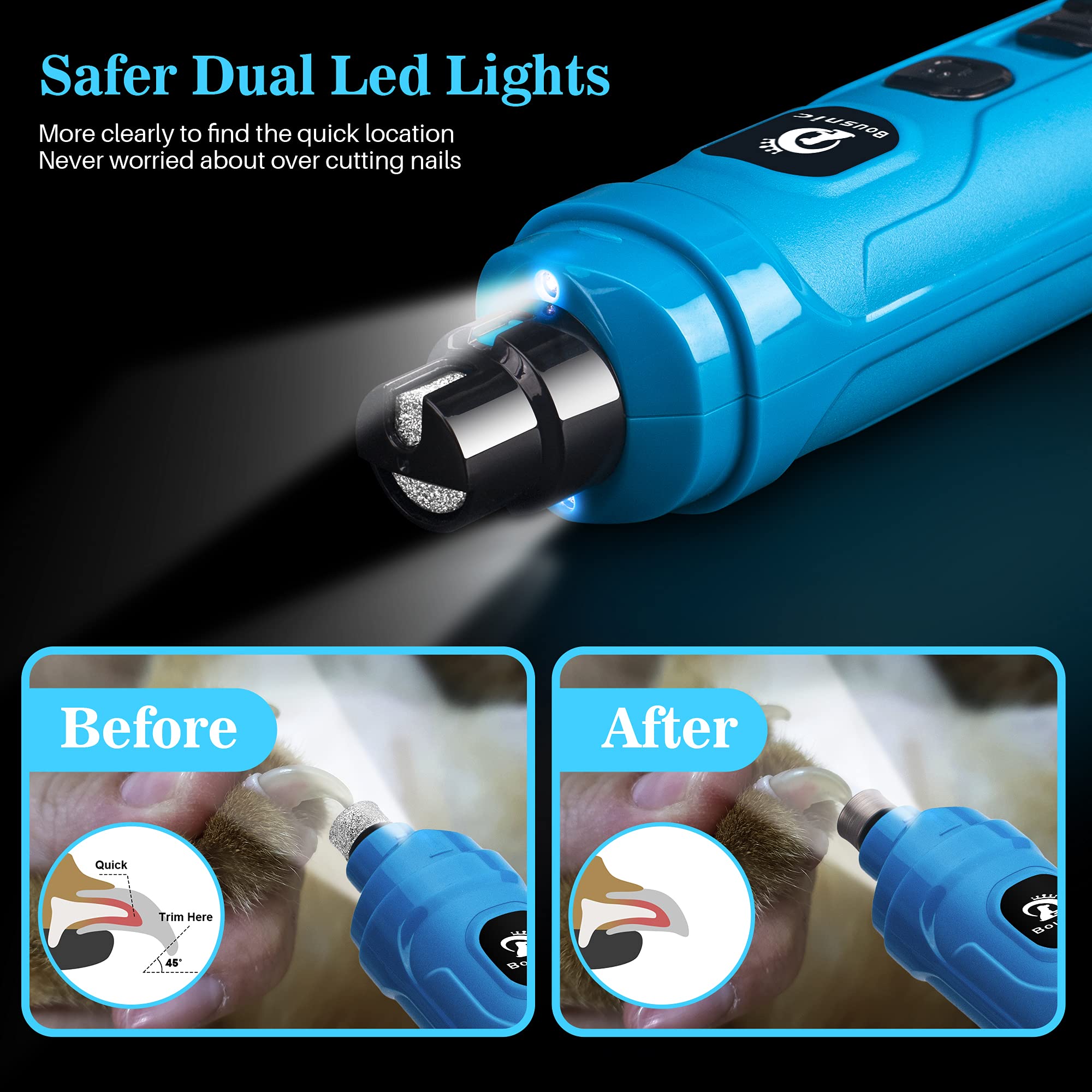 BOUSNIC Dog Nail Grinder with 2 LED Light - Super Quiet Pet Nail Grinder Powerful 2-Speed Electric Dog Nail Trimmer File Toenail Grinder for Puppy Small Medium Large Breed Dogs & Cats (Blue) - image 2