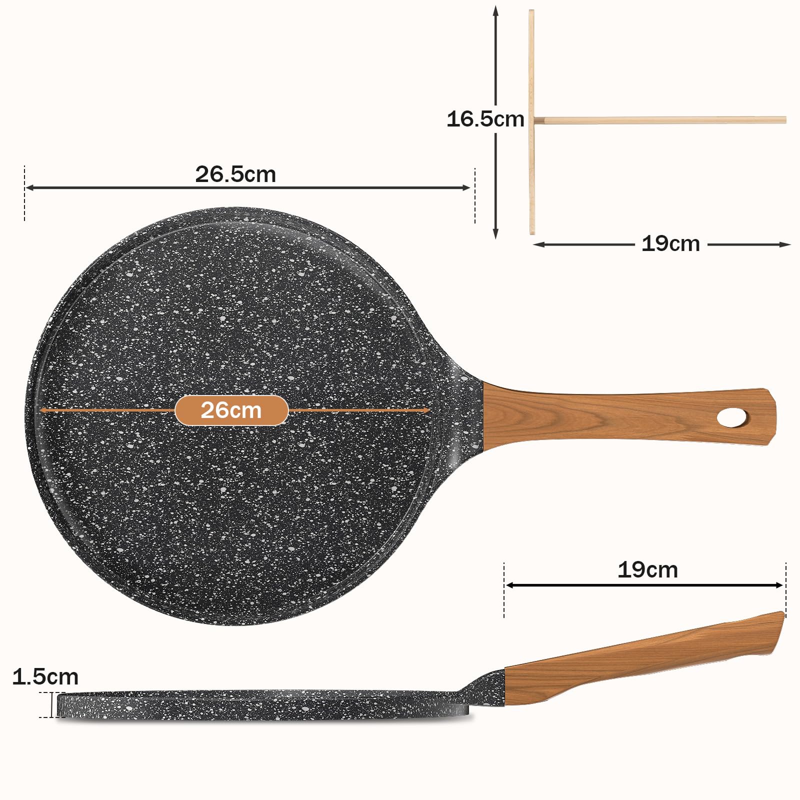 YASHE Padella per Crêpes 26 cm, Antiaderente e Piatta, Padella per Pancake, con Spatola in Legno, Facile da Pulire, Ideale per Crêpes, Pancake e Omelette