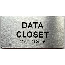 DATA CLOSET sign with Raised letters/Image & Grade 2 Braille - Includes Red Adhesive pad for Easy Installation 4" W x 8" H,Brushed Aluminum/silver, Tacticle Sign - The park Ave Line