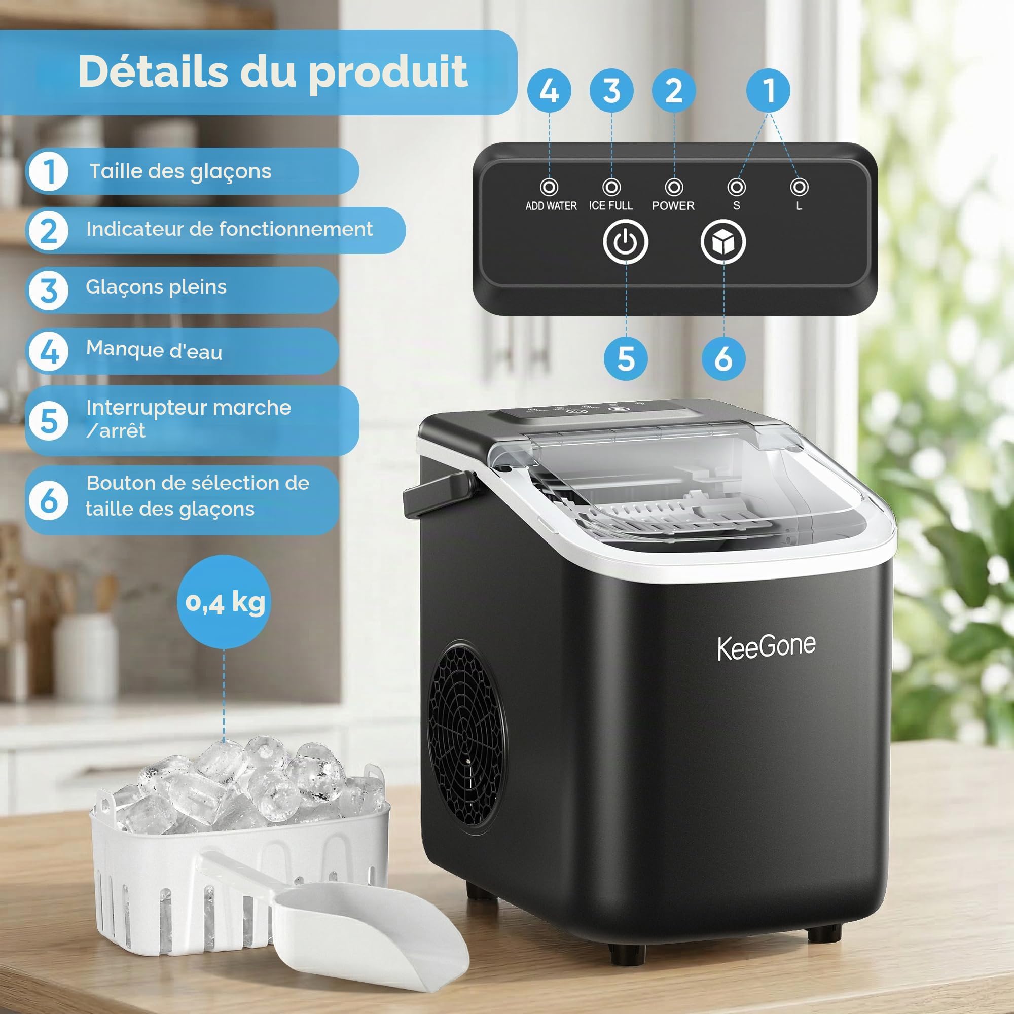 Petite machine à glaçons avec réservoir d'eau de 1,2 l, 9 cubes en 6 minutes, noire, avec poignée portable, 10 kg/24 h, machine à glaçons autonettoyante pour cuisine, bureau, bar et fête