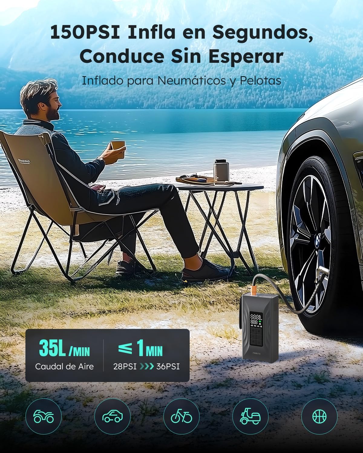 Close-up of the ASMAX T20's jumper cables connected to a car battery, showing the red clamp on the positive terminal and the black clamp on the negative terminal.