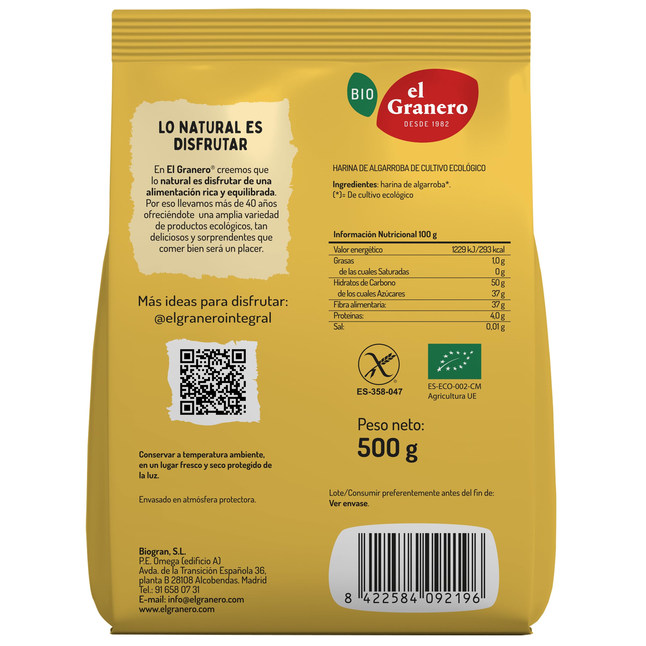 El Granero Integral - Harina de Trigo Algarroba BIO Sin Gluten- 500 g - Sin Gluten - Rica en Fibra y Nutrientes - Mejora la Digestión - Apta para Veganos y Celiacos