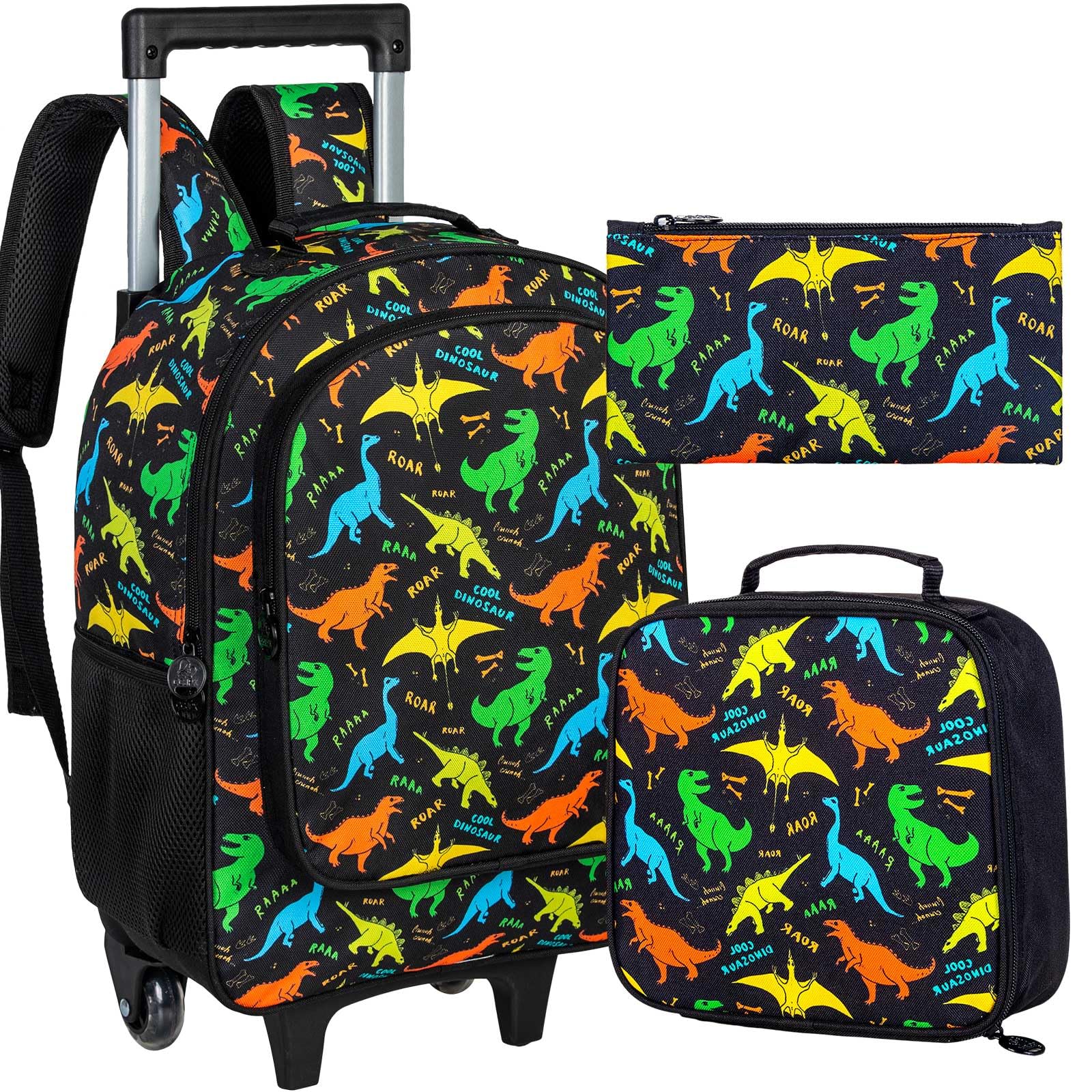 3PCS Rolling Backpack for Girls Boys, Kids Roller Bookbag with Wheels, Wheeled School Bag Set for Elementary, Dinosaur Fly, One Size, Modern