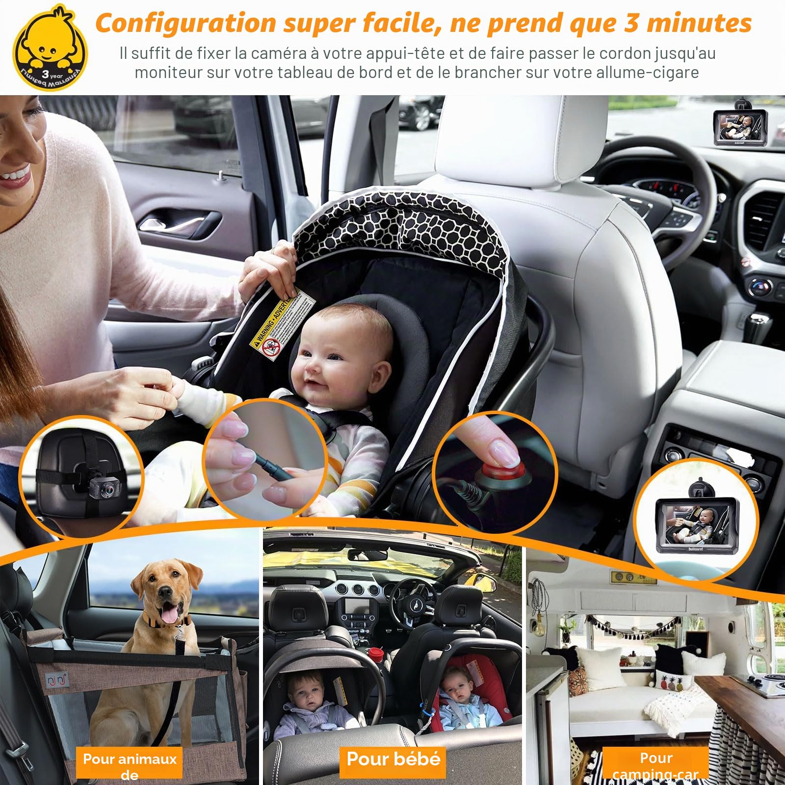 DoHonest Caméra de voiture pour bébé HD 1080p avec écran – Siège de sécurité enfant Miroir de voiture pour bébé pour visage arrière 5 minutes Installation facile Vision nocturne V33
