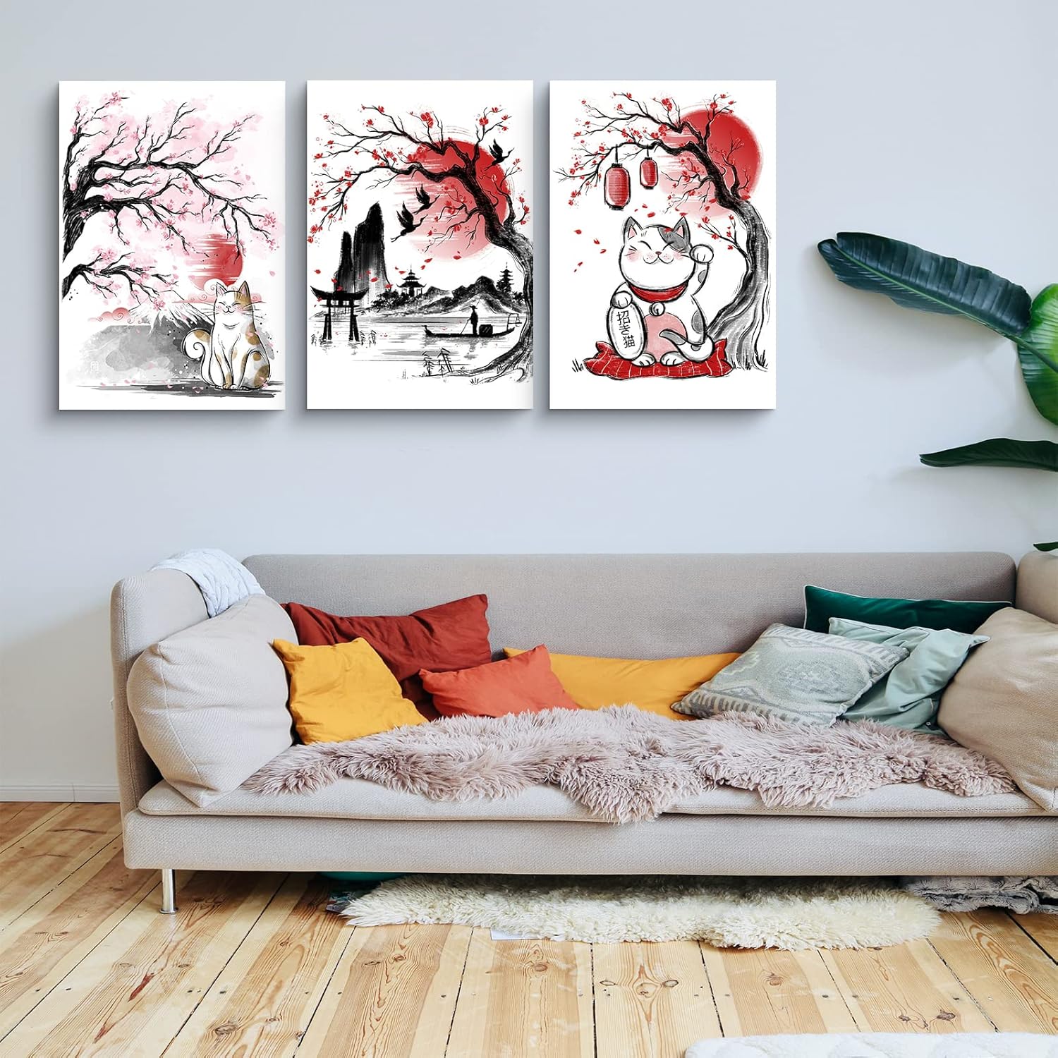 3 Piece Canvas Wall Art for Living Room Cherry Blossom Decor Japanese Decorations Painting Bathroom Bedroom Decor Red White Picture Japan Bay Ink Wash Modern Artwork Framed Ready to Hang Artwork-02 12x16inch x 3 Panels