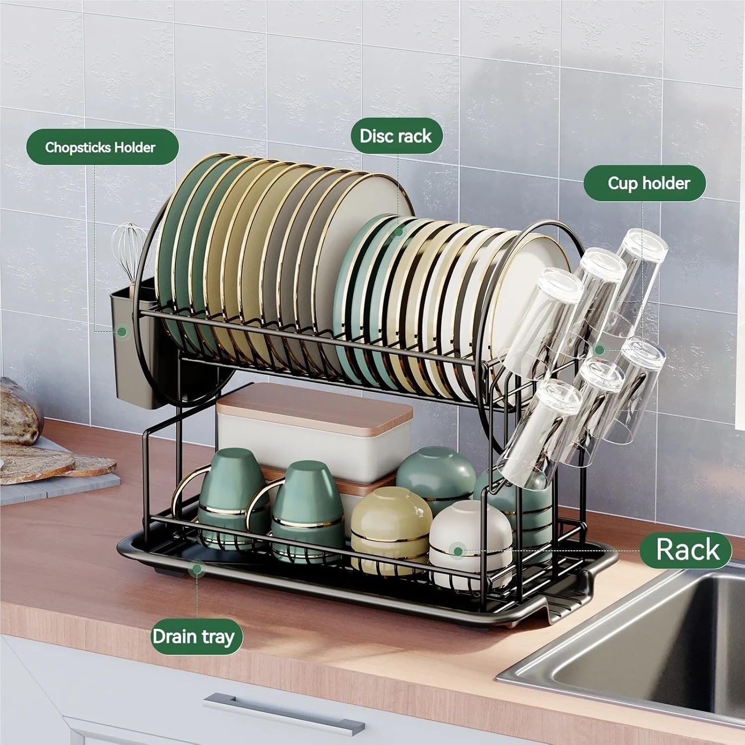Kitchen Dish Bowl Drainer Storage Rack with Drainboard Chopsticks Knife Fork Water Cup Organizer Kitchen Counter Organizer(S Black)