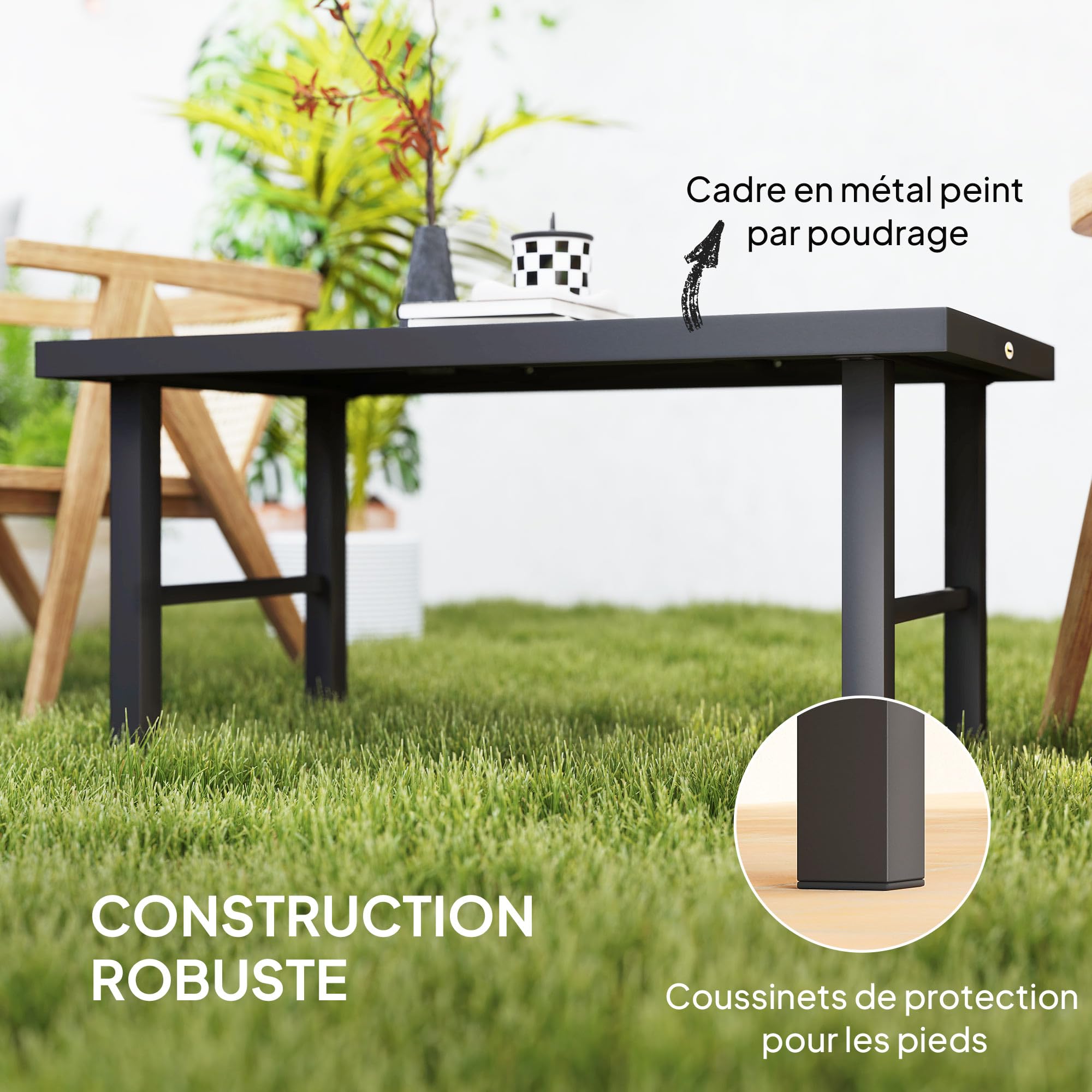 Outsunny Table Basse de Jardin rectangulaire Table de Jardin avec Plateau SPC à Effet Bois pour intérieur/extérieur en métal, 100 x 52 x 46 cm, Effet Bois Gris