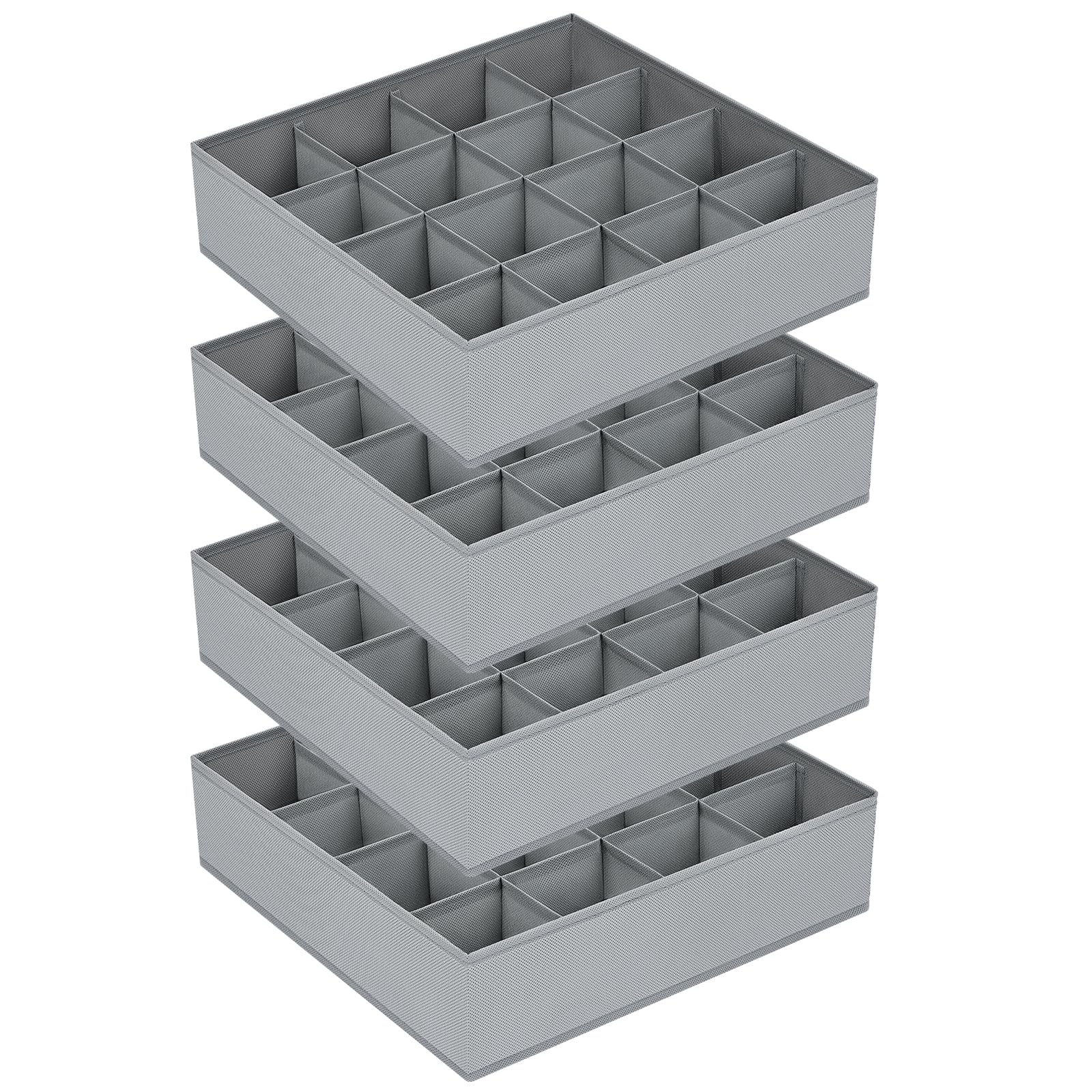 DIMJ 4 PCS Drawer Organizer Sock Organizer Underwear Drawer Organizer 16 Cell Drawer Divider Wardrobe Clothes Organizer Collapsible Closet Organizers Storage Box for Sock, Ties, Panties, Belts, Grey