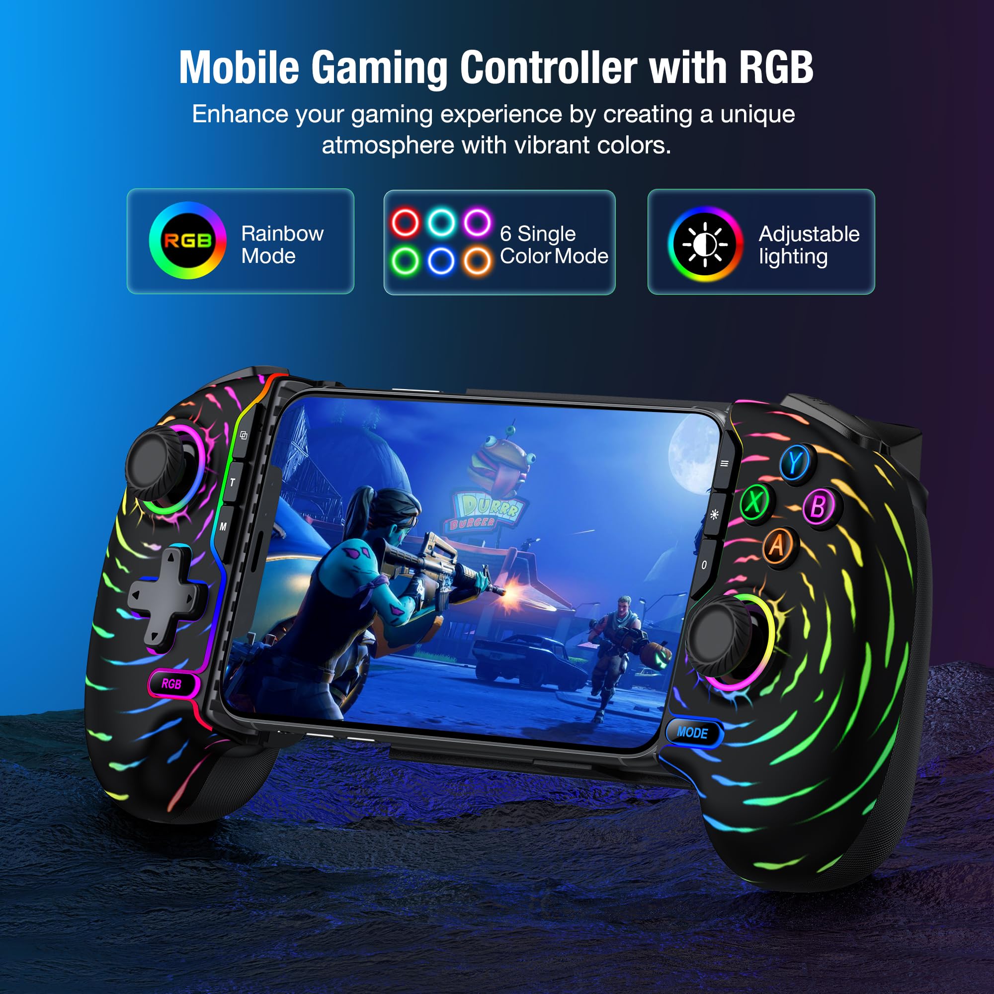 Controller da gioco mobile per iPhone e Android, controller per telefono per Xbox/Steam/GeForce Now/MFi Apple Arcade/Roblox/Minecraft, controller wireless per giochi telefonici con effetto Hall/RGB