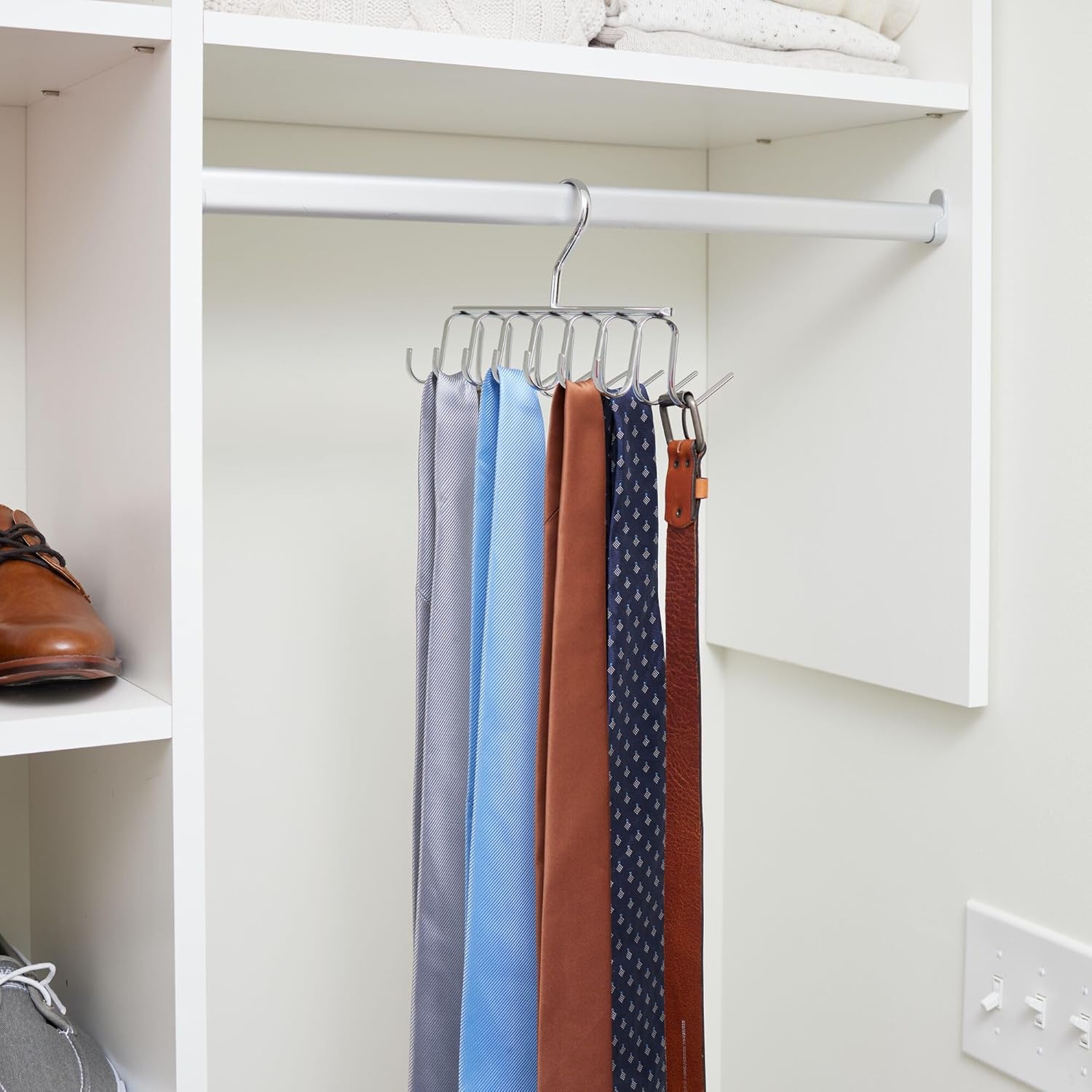 Chrome Metal Tie and Belt Organizer with 14 Hooks