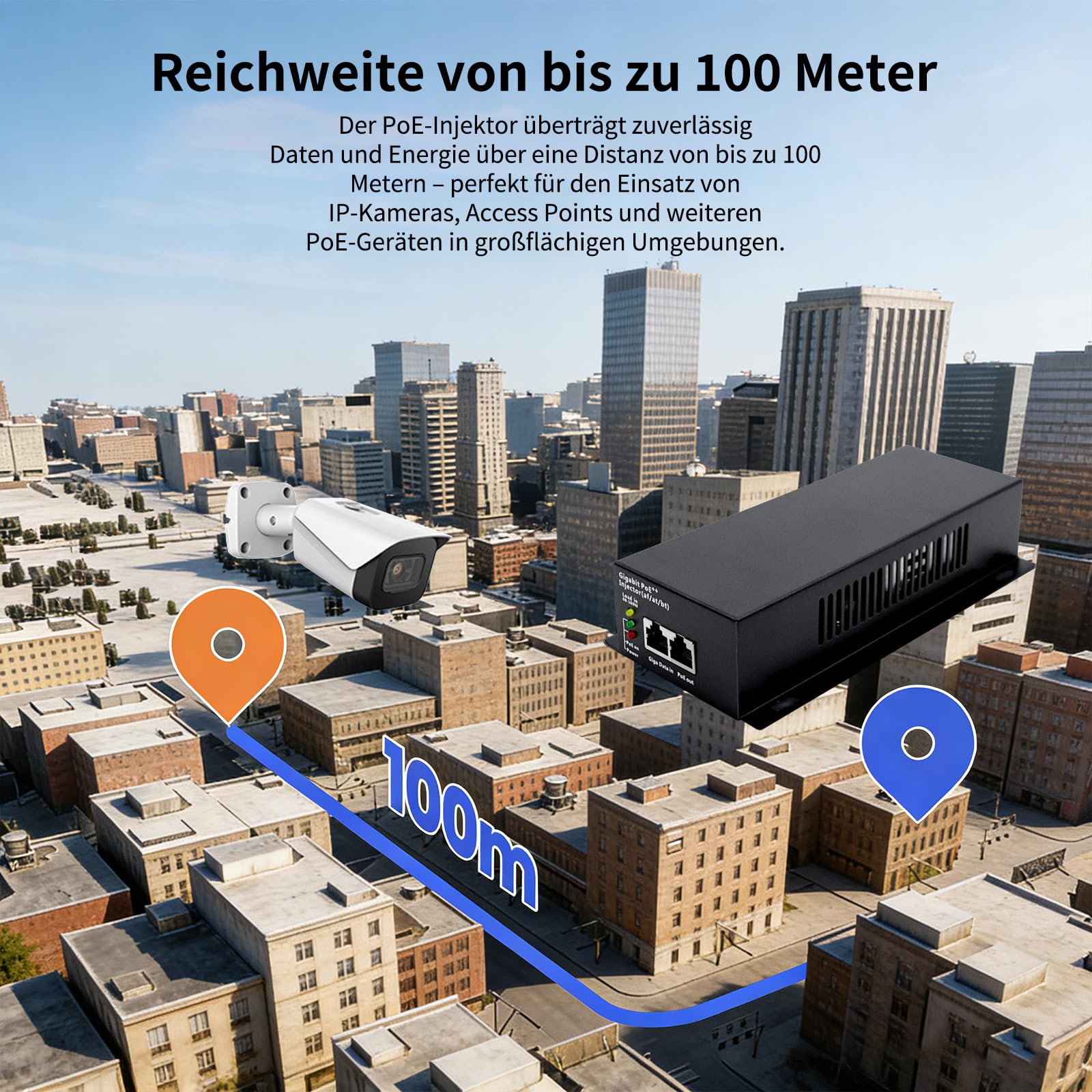 Injecteur PoE Gigabit 90 W, 802.3af/at/bt PoE+ + adaptateur standard, Plug & Play, extension de signal de 100 mètres pour la sécurité/les applications audio commerciales/IoT/Smart Home