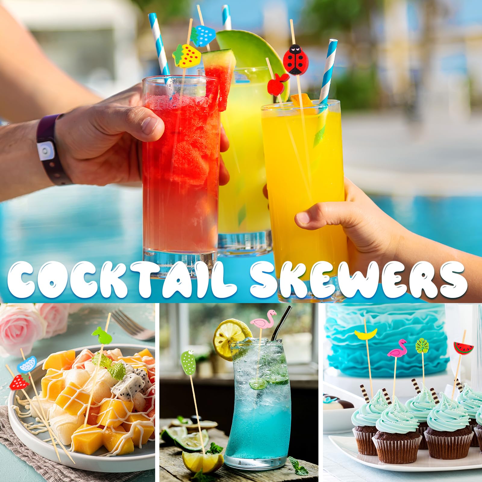 CIYIN 100 Pezzi Bastoncini Cocktail, Stecchini per Aperitivo, 12 cm Stuzzicadenti in Legno per Frutta con Motivo Tropicale, Stuzzicadenti Decorativi, per Antipasti Frutta Dessert