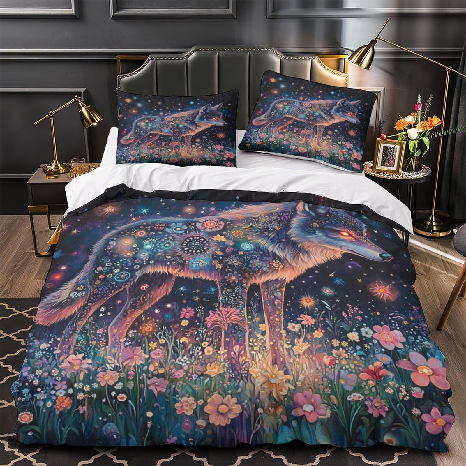 Fantasia di lupi stellati Impressione 3D 3 pz coperteletto arte digitale stile surreale fodera per edredone microfibra ipoallergenica zip per bambini uomini adulti King（220x240cm）