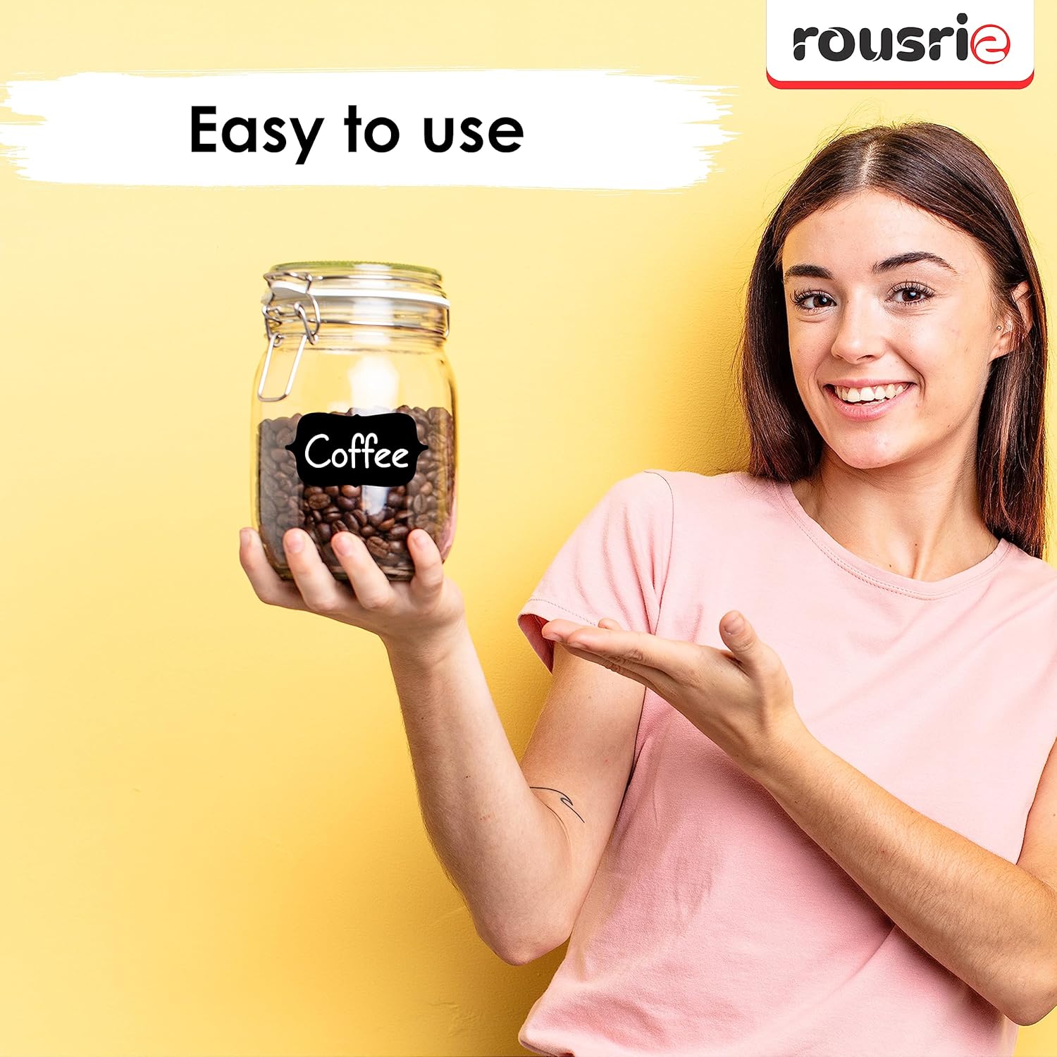 ROUSRIE Pack of 84 Reusable Waterproof Black Same Shape Mason Jars Labels Kitchen Pantry,Spice Jars Glass Bottles – Best Stickers & Organizing Label with White Pencil