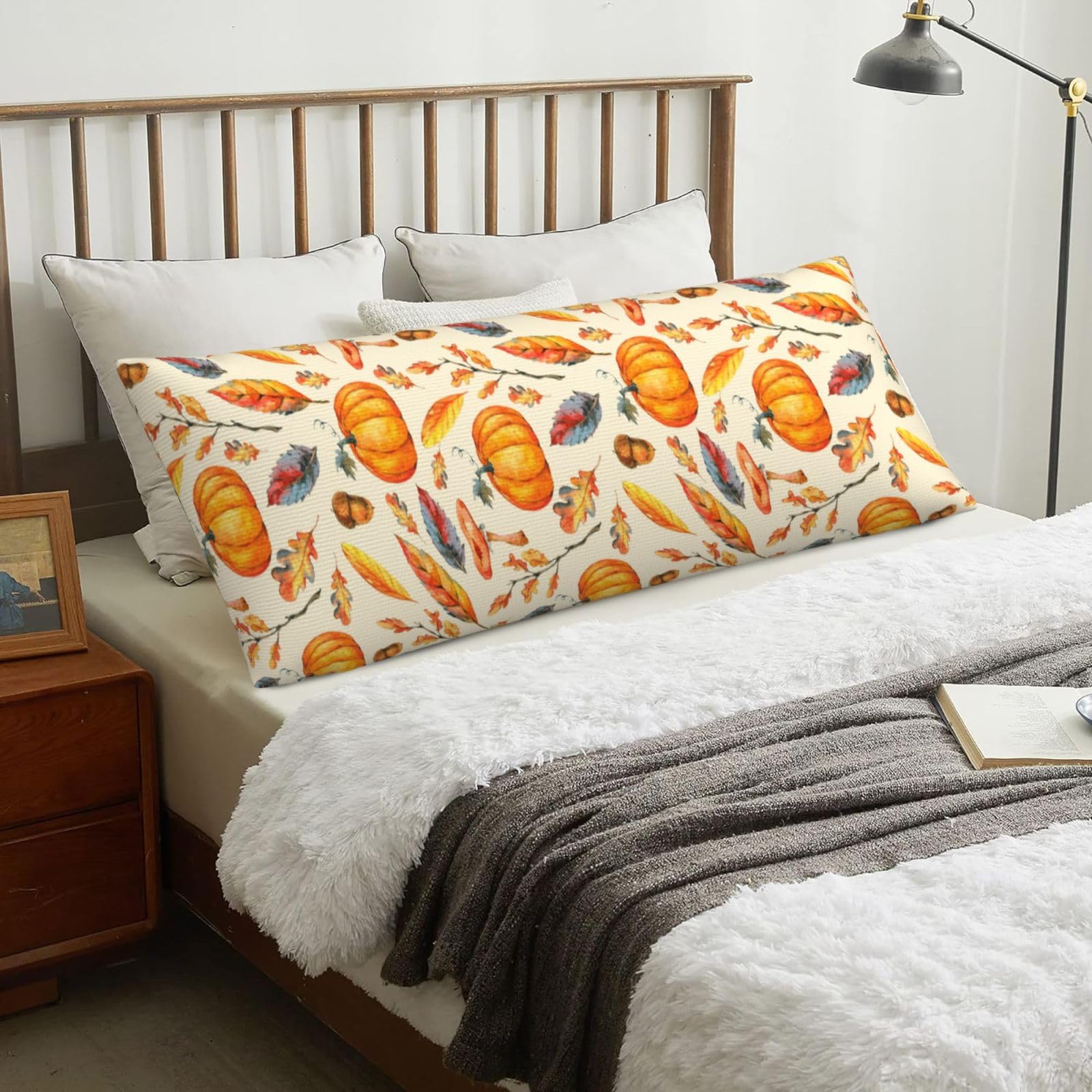 Watercolor Pumpkins Leaves Mushrooms, Body Pillow Cover with Zipper,Long Body Pillowcase 20 x 60 in