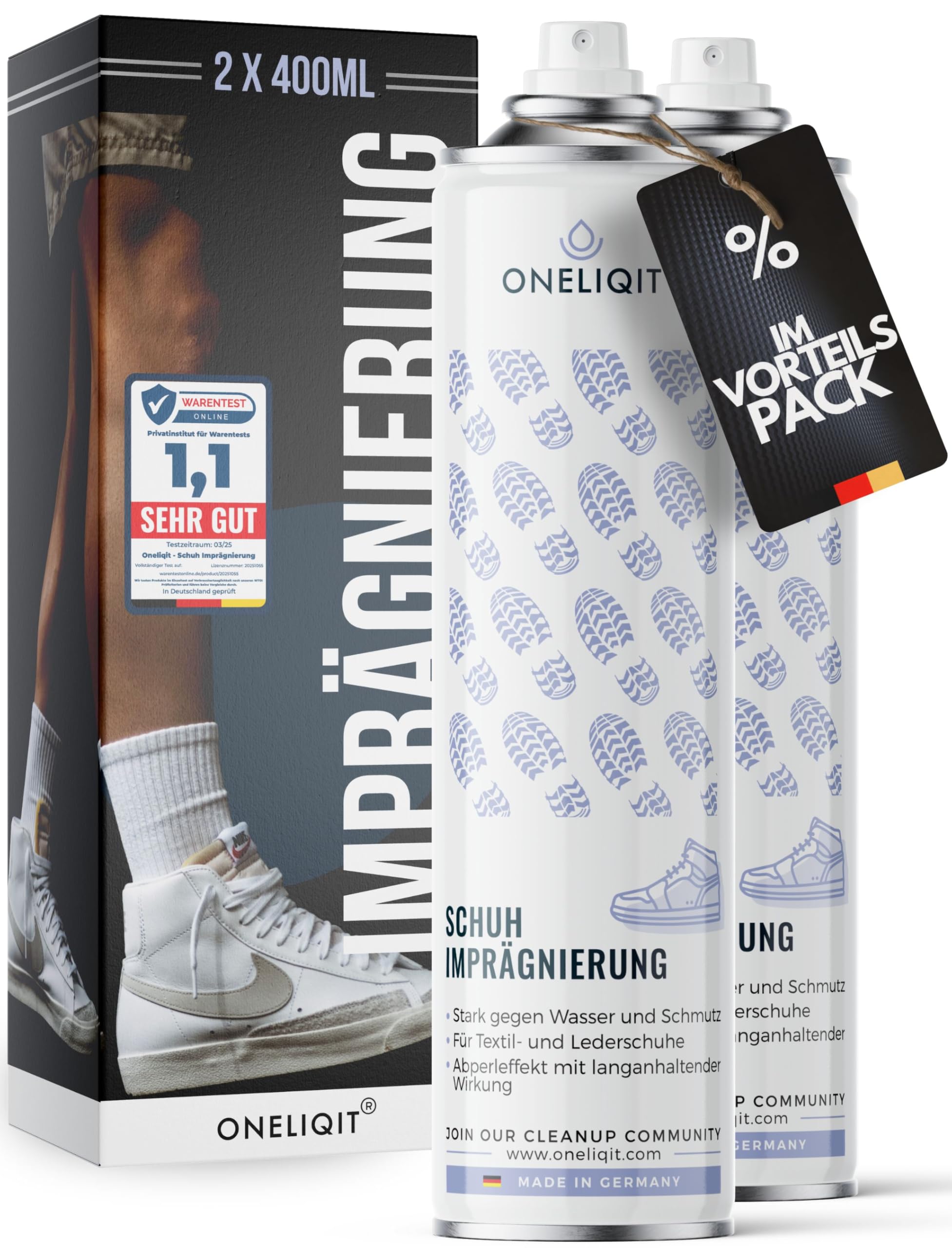 ONELIQIT® Imprägnierspray Schuhe 2x400ml Vorteilspack, Textil und Leder Schuh Imprägnierung mit Abperleffekt für einen langanhaltenden Schutz gegen Wasser & Schmutz