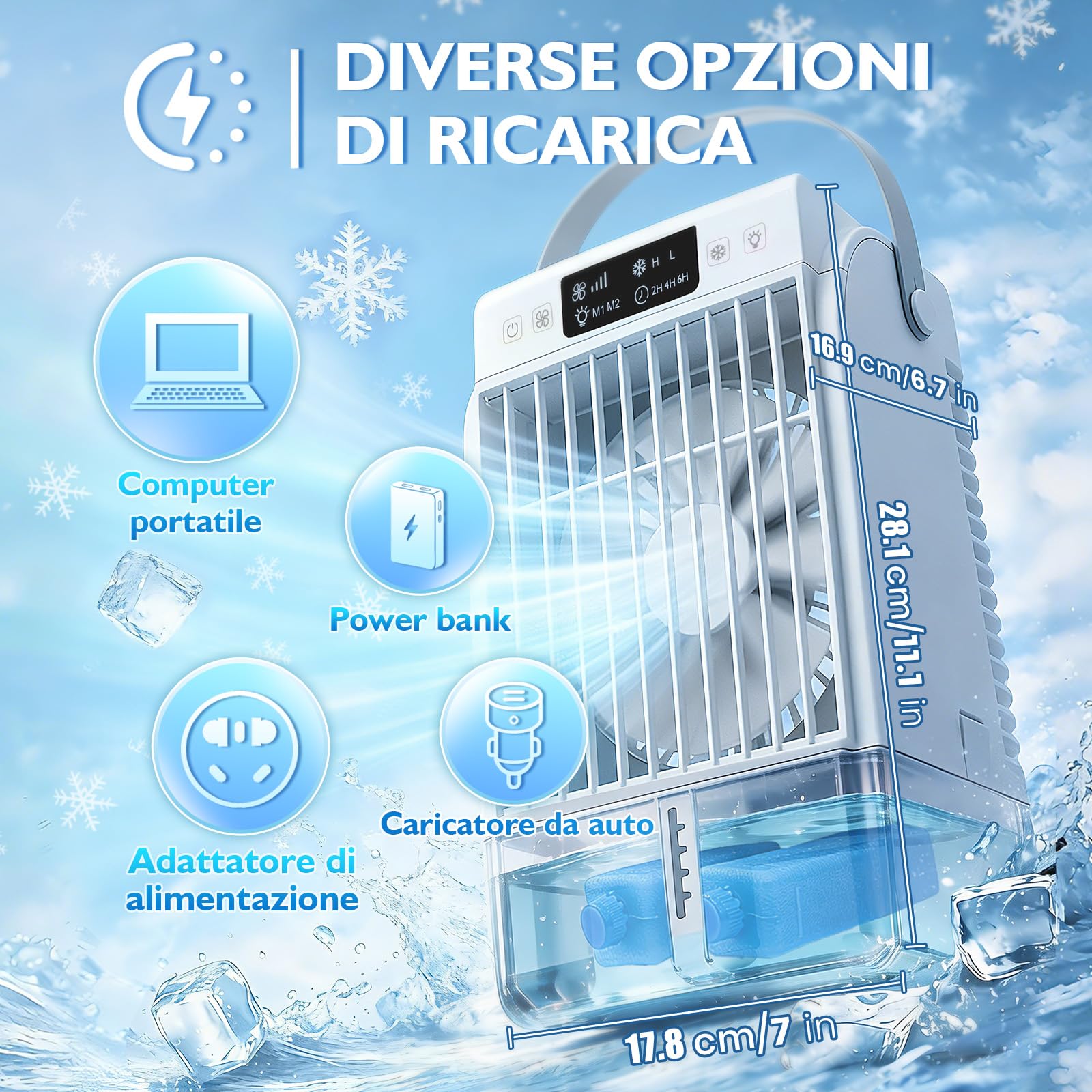 JONRRYIN Condizionatore Portatile Piccolo, Mini Climatizzatore 4 in 1 con 1500ML Serbatoio dell'acqua e 2 Modalità Nebbia Fredda, 4 Velocità, Timer, Luce Notturna a 7 colori, USB per Casa/Ufficio