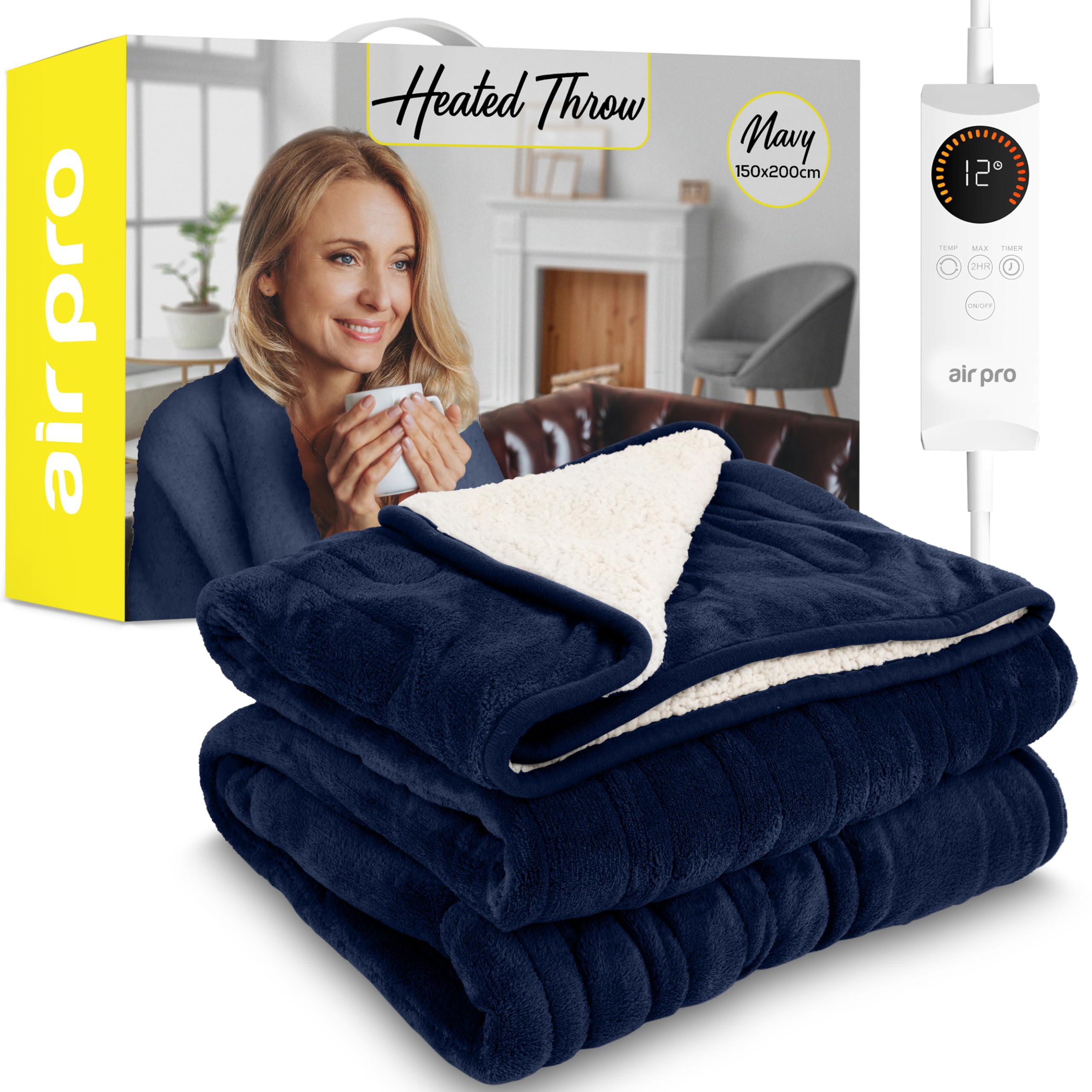 Air Pro Navy Heated Throw - Electric Blanket - Digital Controller - Timer Up To 9 Hours, 6 Heat Settings, Auto Shutoff - Machine Washable - Double 150X200cm - Shearling