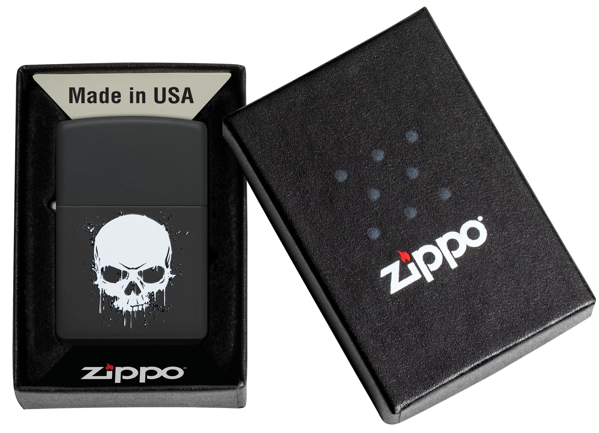 Zippo Accendino antivento a goccia con teschio, stampa colorata, ricaricabile, design antivento, confezione regalo, prodotto negli Stati Uniti, colore nero opaco (nero opaco)