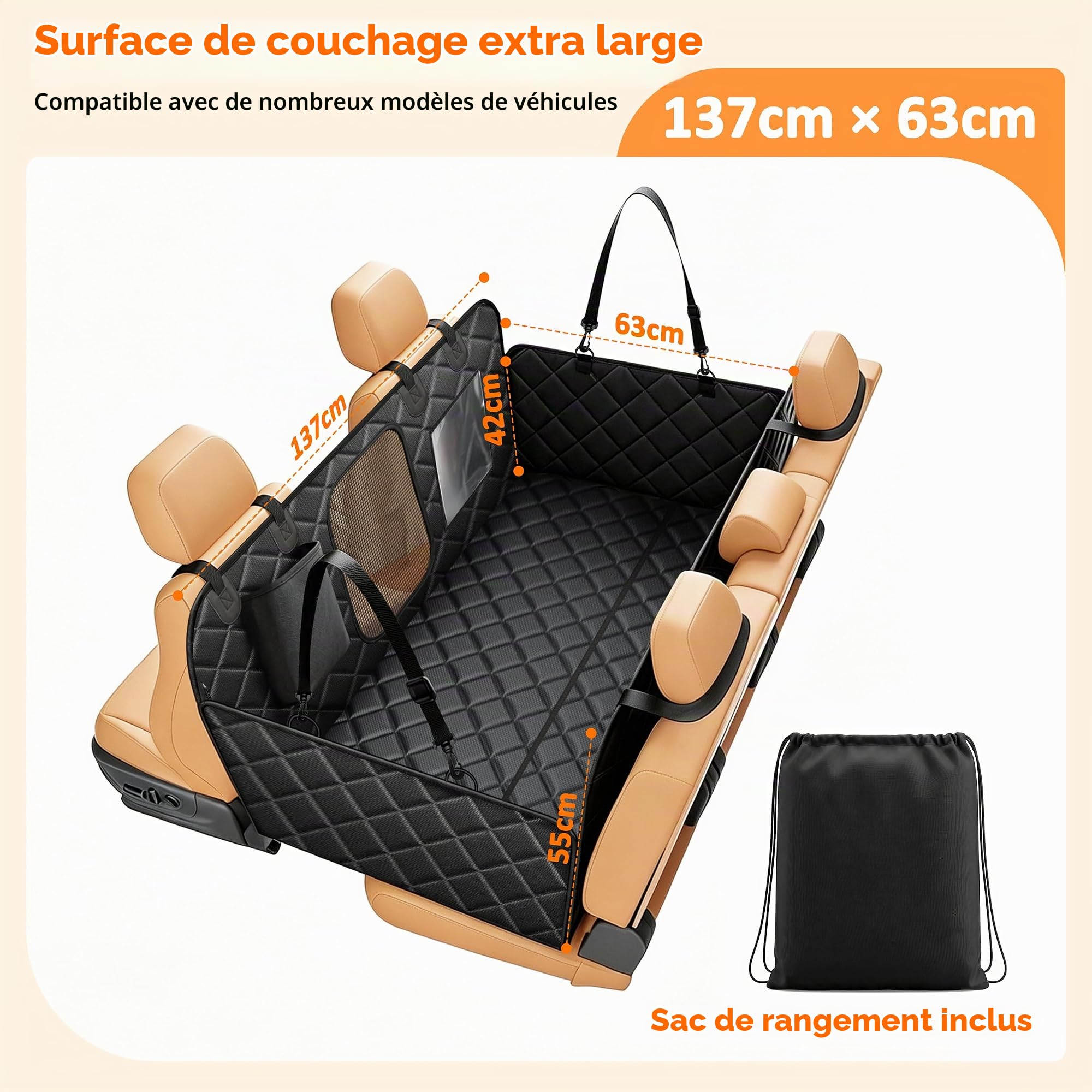 Hundedecke Auto Rückbank mit Hartboden, 137 x 63cm, Hunde Autositz Rückbank für große Hunde, stabile PP-Wabenplatte BIS 125 kg, Wasserdicht, mit Netzfenster, Seitenschutz & Sicherheitsgurt