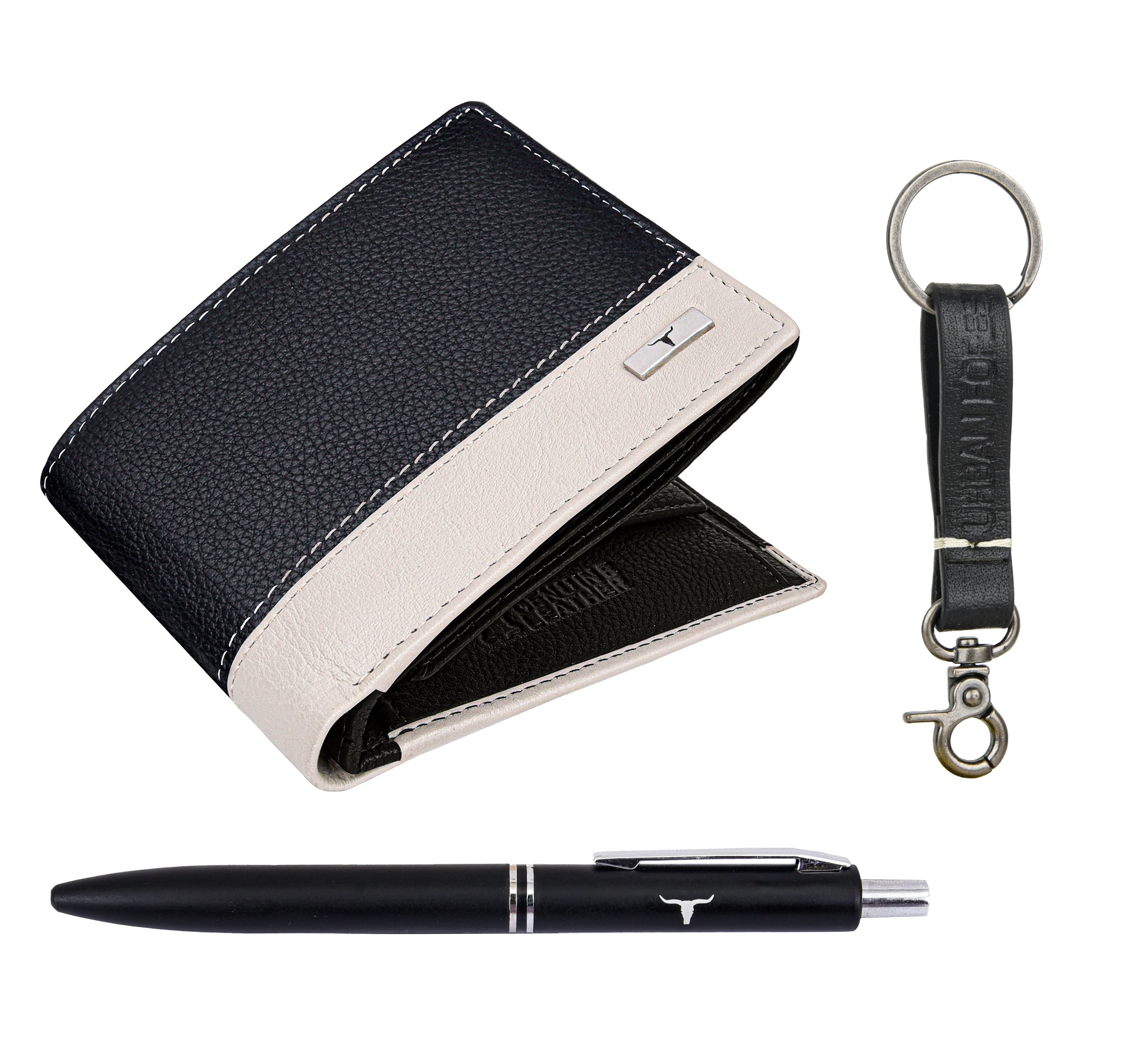 Saul Nappa Black/Sand Leather Wallet, Black Pen & Keychain Combo Gift Set for Men-image-7