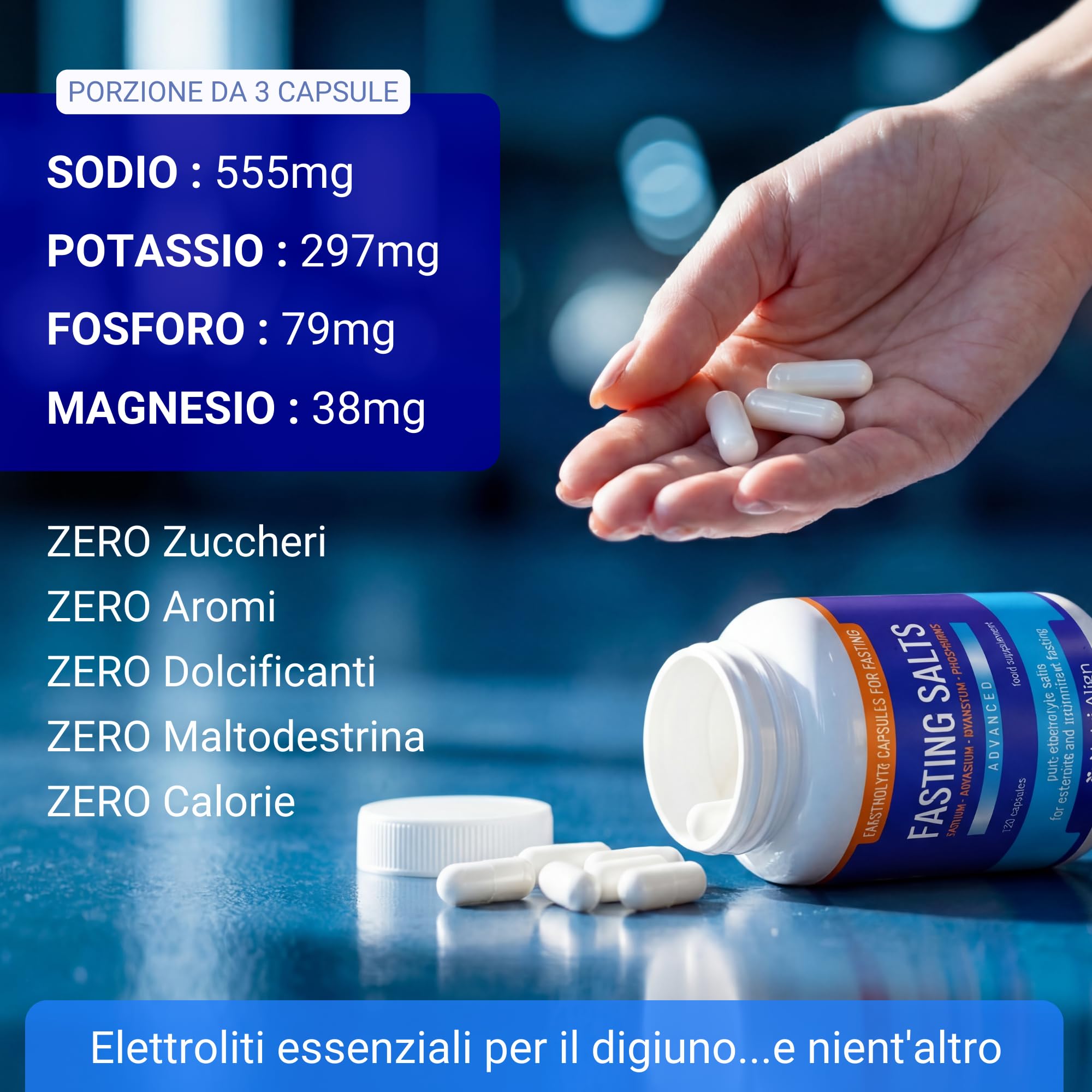 Nutri-Align Sali Elettrolitici Digiuno 120 Capsule | Elettroliti di Fosforo Sodio, Potassio e Magnesio | Elettroliti Puri e non Aromatizzati | Senza Zucchero e Riempitivi | Prodotto nel Regno Unito