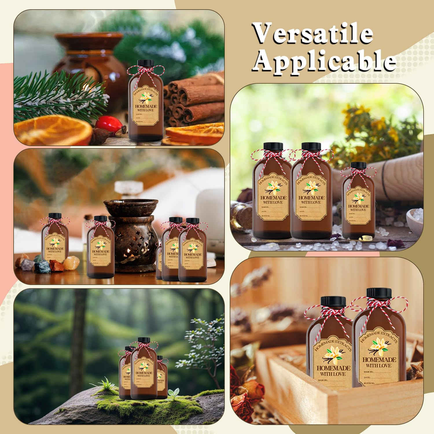 8 botellas de vidrio ámbar de 8 onzas, botellas redondas marrones con tapas, para extracto de vainilla casero, con calcomanías y embudo, para regalo de jarabe, juego de recipientes de almacenamiento
