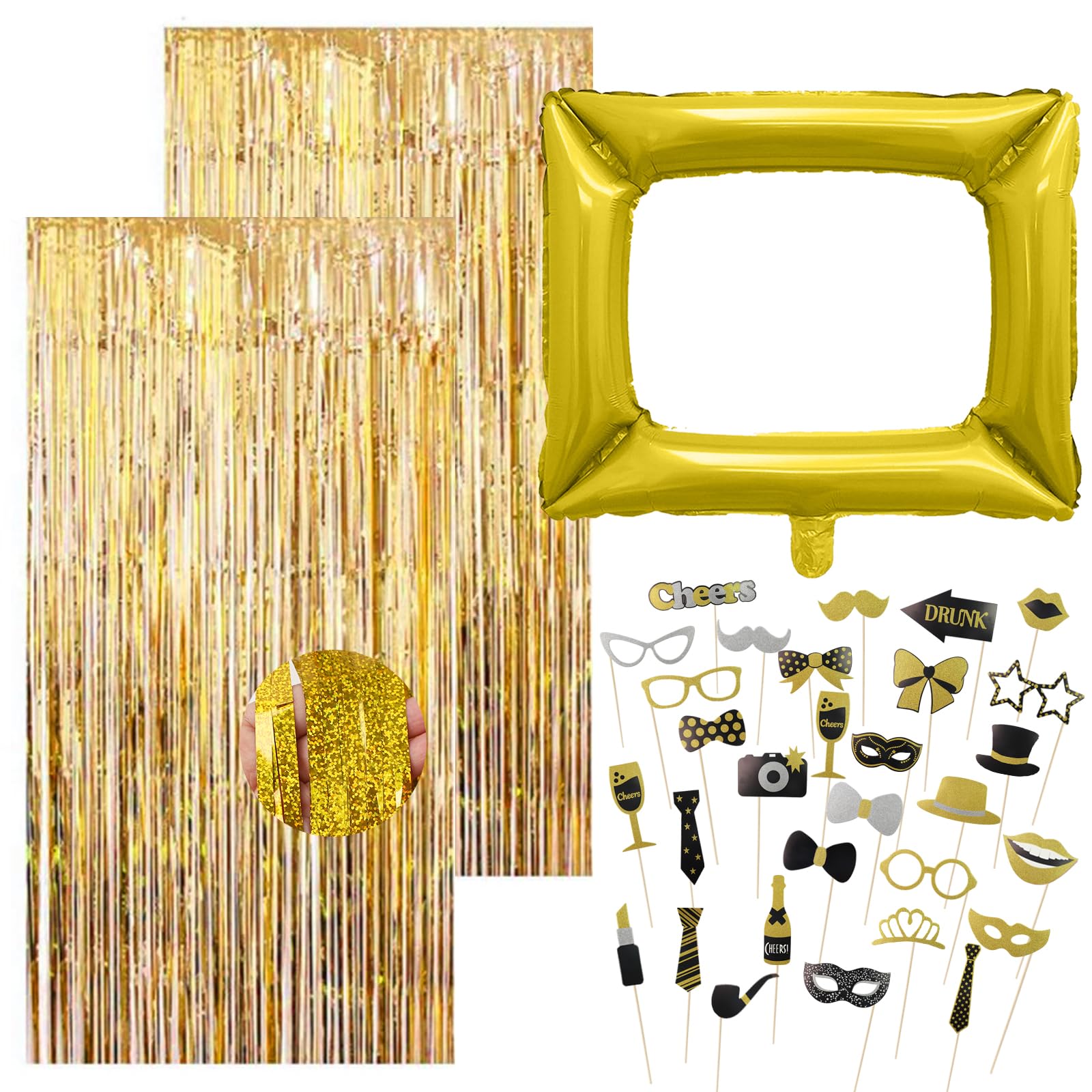 33Pcs Photo Booth Props Set, 1Pcs Inflatable Photo Booth Frame & 2Pcs Metallic Tinsel Curtains & 30Pcs Funny Selfie Props Accessories for Birthday Wedding Party Decorations for Men Women, Gold