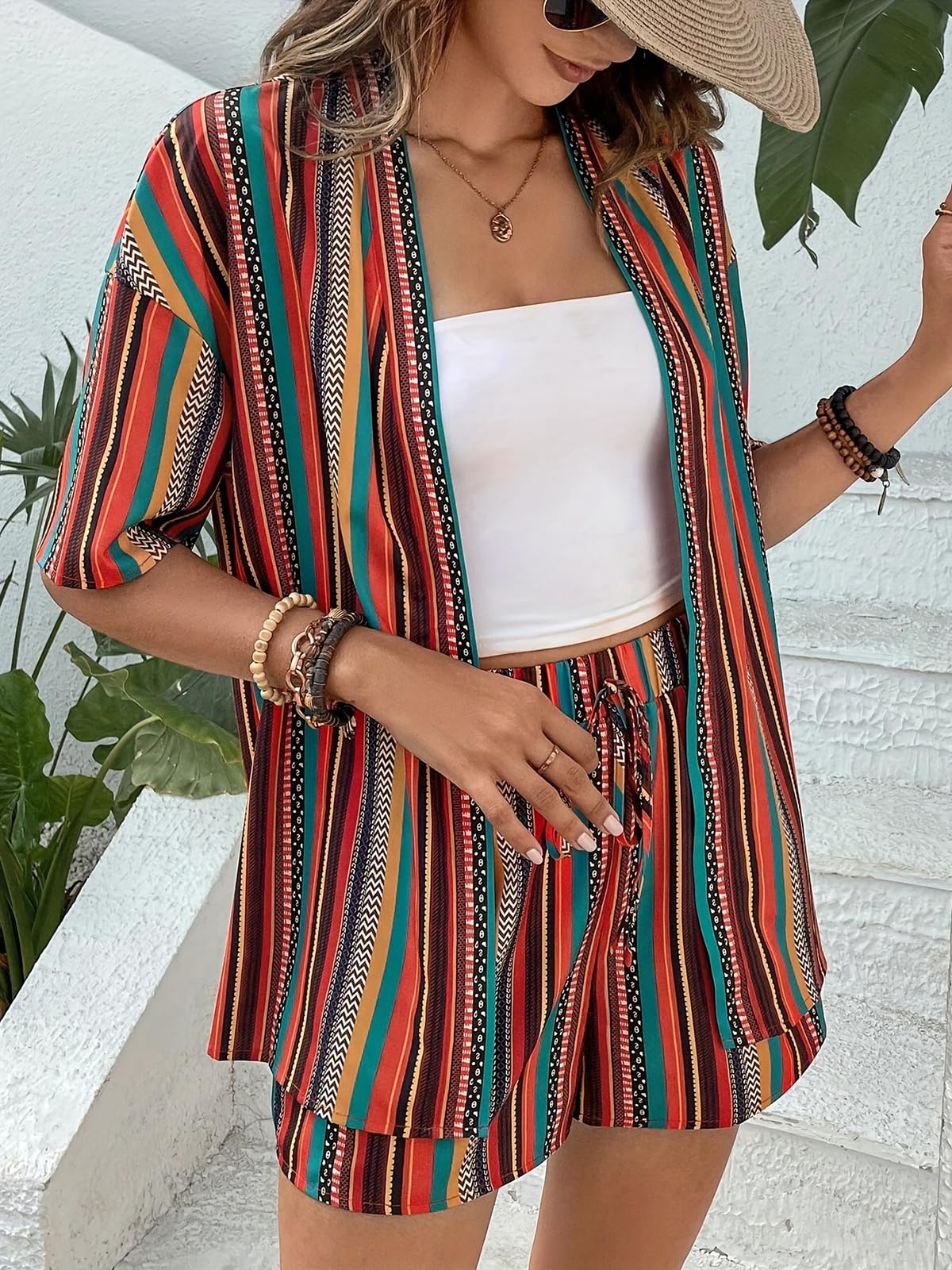 Conjunto de 2 piezas para mujer, talla grande, con estampado tropical, kimono y pantalones cortos
