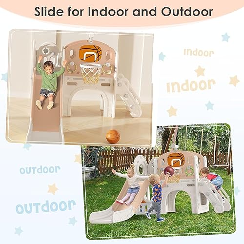Miniatura 6 de Tobogán 9 en 1 para niños pequeños de 1 a 3 años con lanzamiento de anillo, aro de baloncesto y telescopio, tobogán para interiores y exteriores,