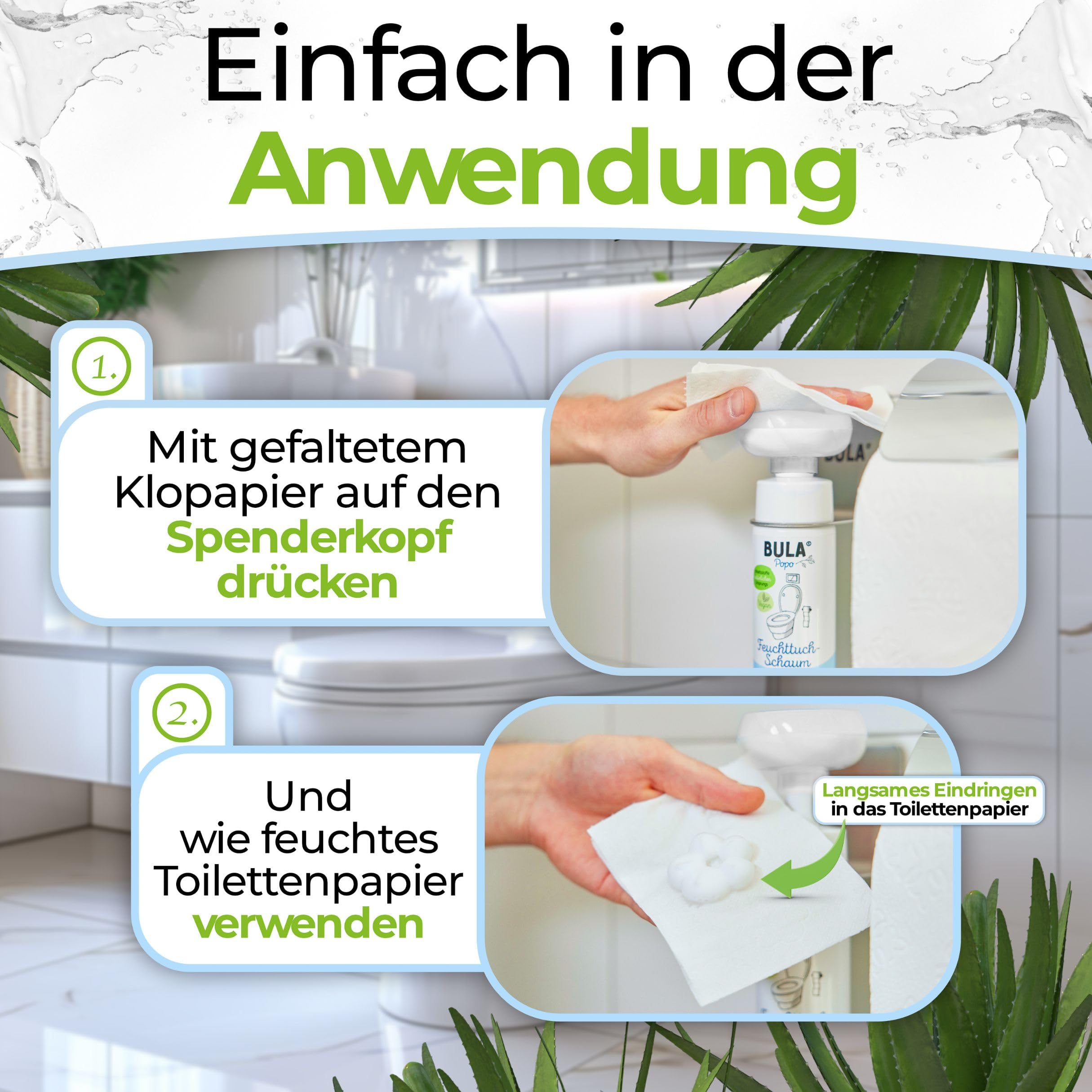 BULA® Popo Home Bundle | Feuchttuch-Schaum 150ml Flasche + Blumen-Schaumpumpe inkl. Edelstahl Halter | Popo Schaum als nachhaltige Alternative für (Baby u. Toiletten-) Feuchttücher | BULA Starterset