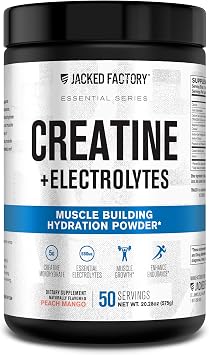 Jacked Factory Creatine + Electrolytes - Creatine Monohydrate with Taurine, Calcium, Sodium, Potassium to Increase Muscle Growth, Strength, Hydration, Endurance - 50 Servings, Peach Mango