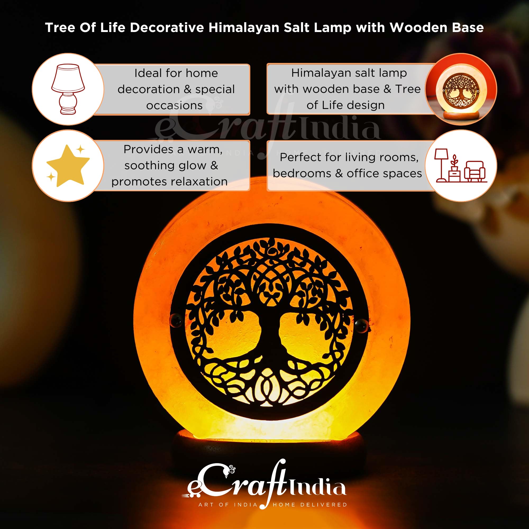 eCraftIndia Tree of Life Decorative Himalayan Salt Lamp with Wooden Base - Lamp for Home Decoration - Gift for Diwali, Christmas, Birthday, Housewarming, New Year, Rakhi, and Anniversary 4