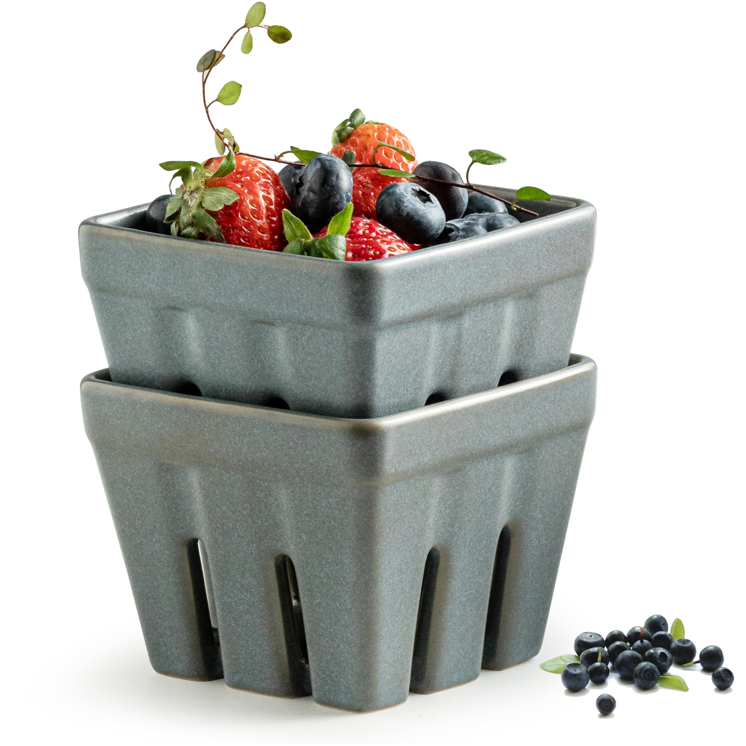 Gomakren Ceramic Berry Bowl Set of 2 Square Strawberry Basket, Slate Blue