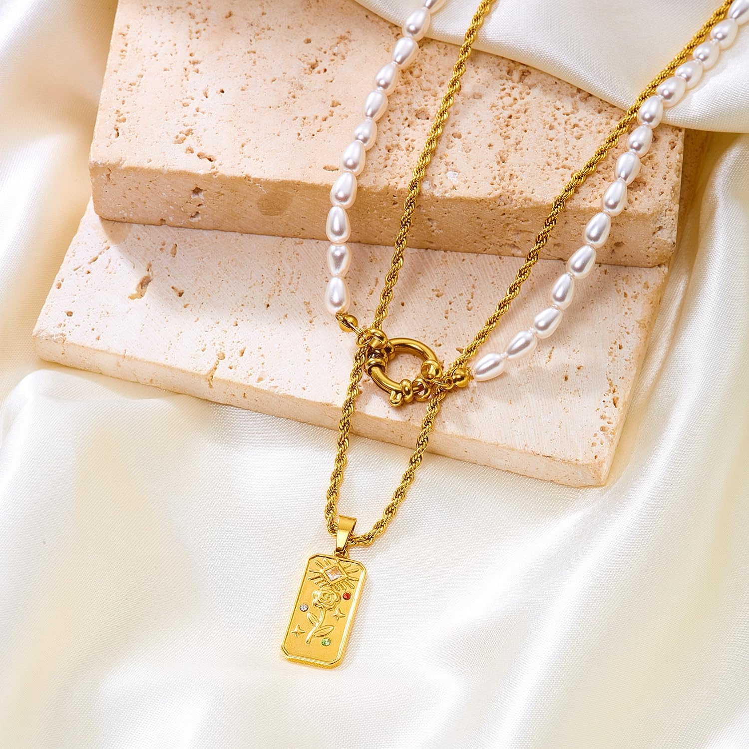 Gmai Layered Gold and Pearl Necklace Set for Women 18K Tarot Card Pendant Gold Necklace Does Not Fade Stainless Steel Boho Dainty Fashion Accessory Trendy