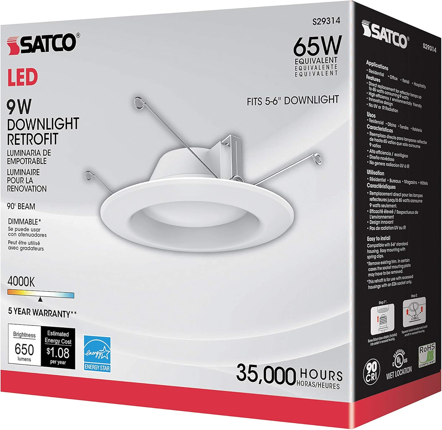 Satco S29314 9.8 watt LED Downlight Retrofit; 5 - 6"; 4000K; Dimmable; 120 Volts 12-Pack