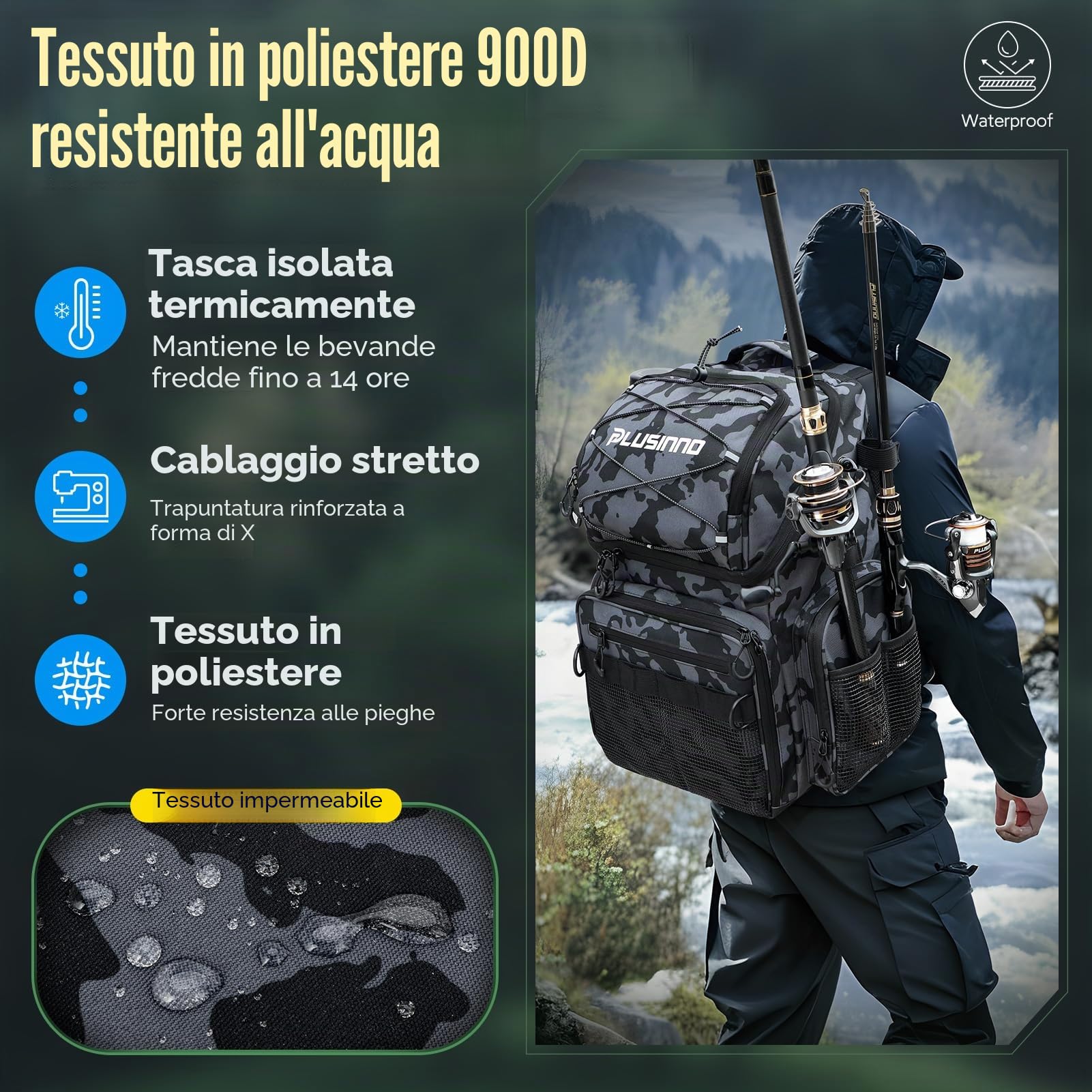 PLUSINNO Zaino da pesca impermeabile con refrigeratore, grande borsa da 45 litri, attrezzatura da pesca, per campeggio e regali
