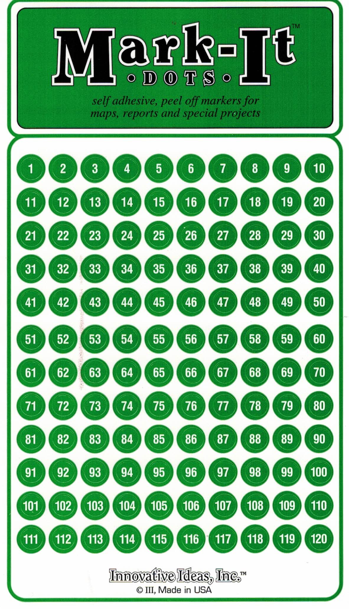 Innovative Ideas Medium 1/4" Removable Numbered 1-240 Mark-it Brand Dots for Maps, Reports or Projects - Green