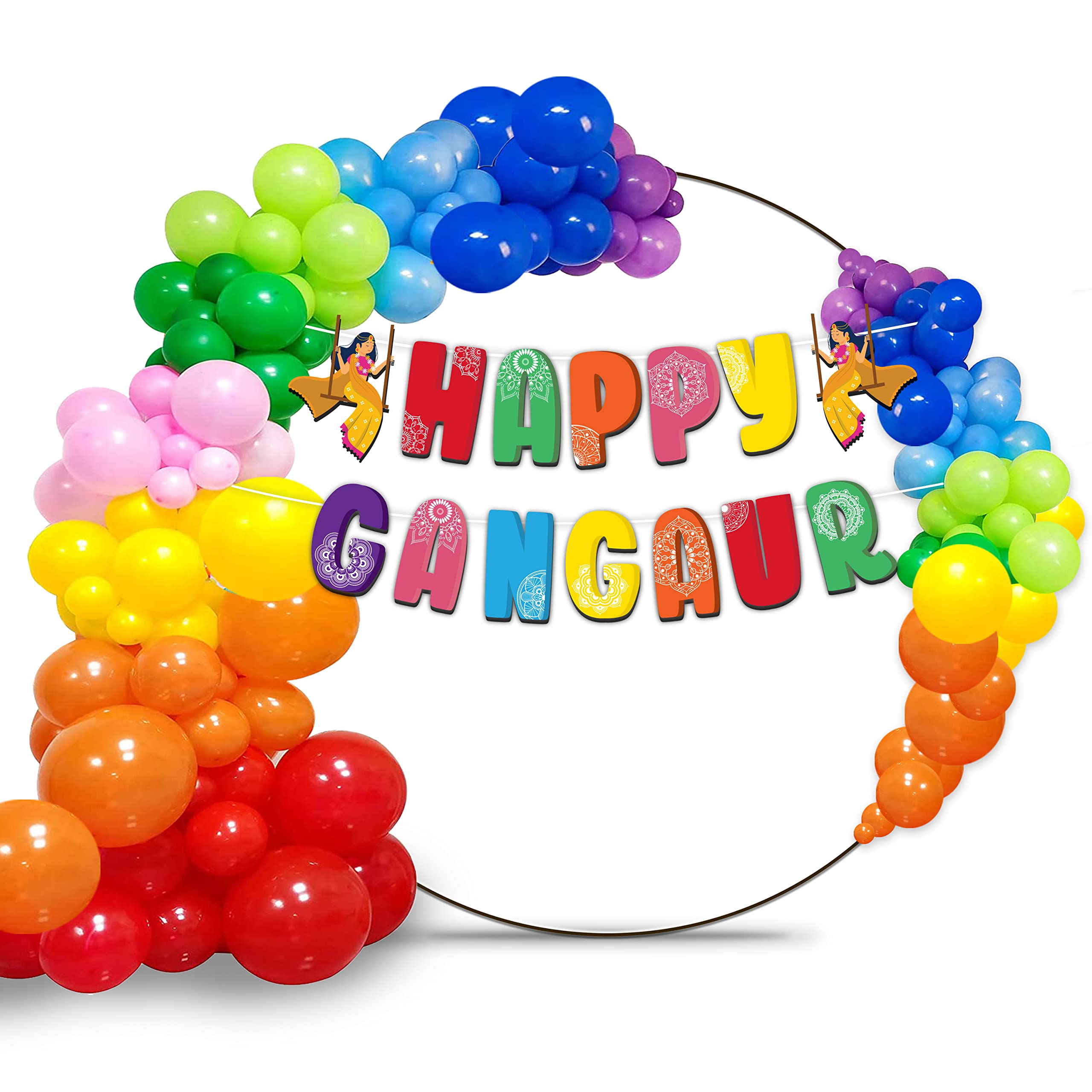 Festiko® Happy Gangaur Festival Combo (104 Pcs), Decorations for Gangaur Theme,Marwari Rajasthani Function Party Supplies, Happy Gangaur Banner & Multicolor Balloons