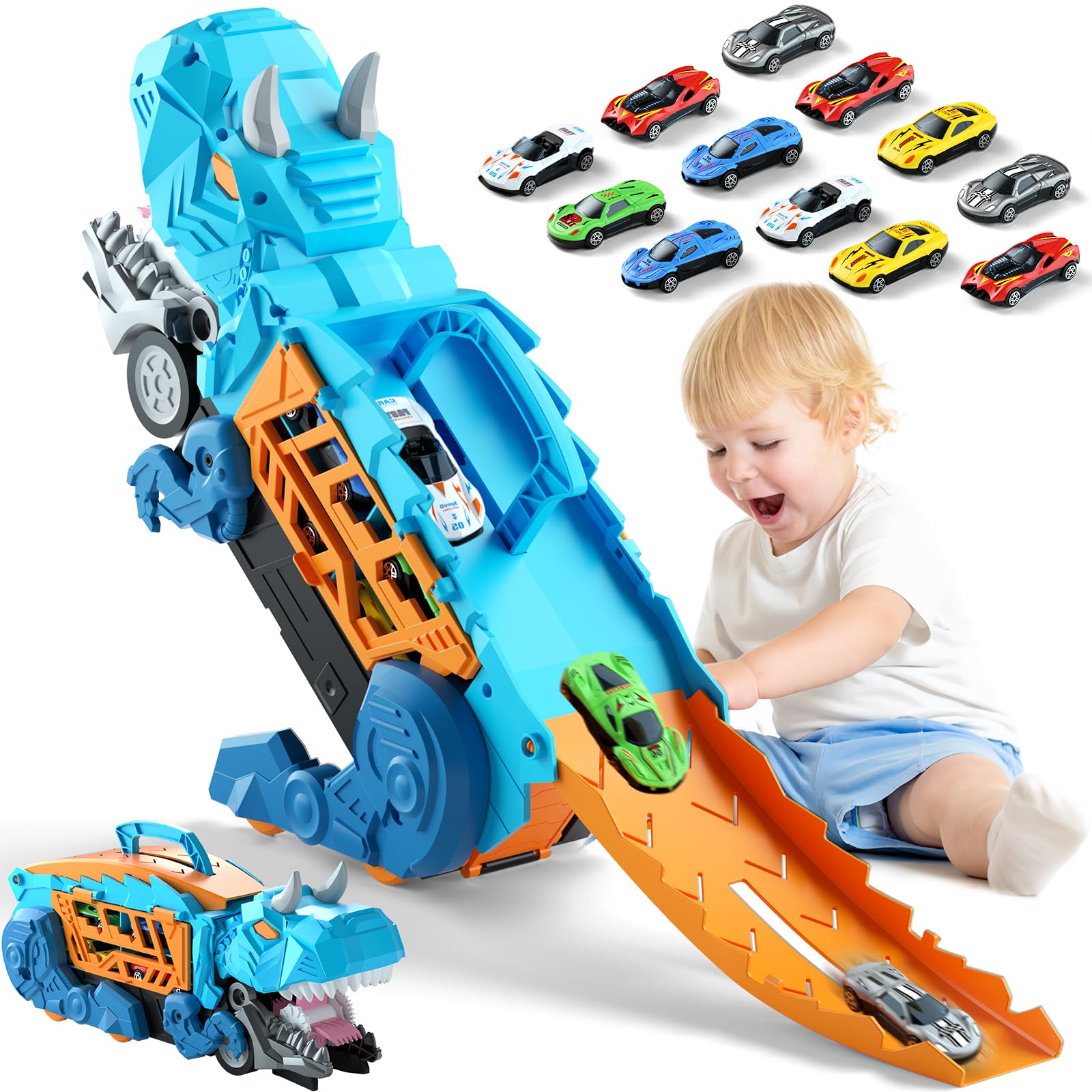 IDLOOKMAL Dinosaurios de Juguetes, Camión de Juguete de Dinosaurios con 12 Coches, Plegable y transformable, Dinosaurios Juguetes para niños, Dos Pistas para Juego multijugador (Azul)