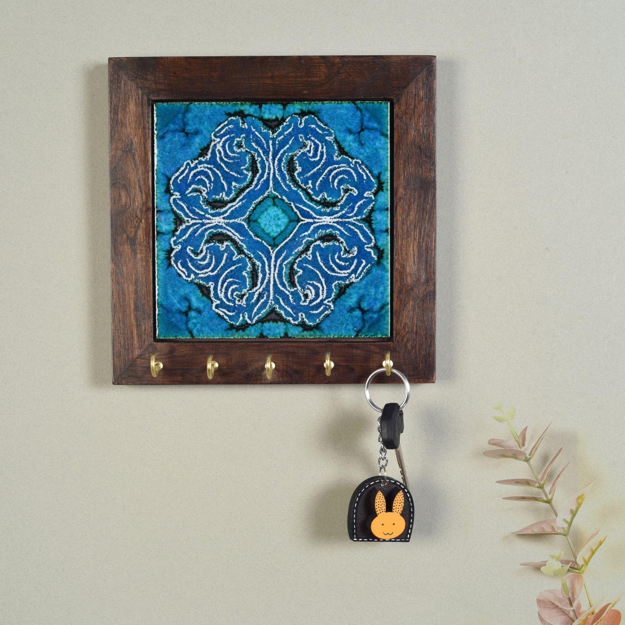 AAKRITI ART CREATIONS Key Holder, Blue Daisy Handcrafted Key Holder Panel | Rustic Ceramic & Wood Wall Organizer with 5 Hooks | New Home Gifts | Multifunctional Entryway Decor.-image-29