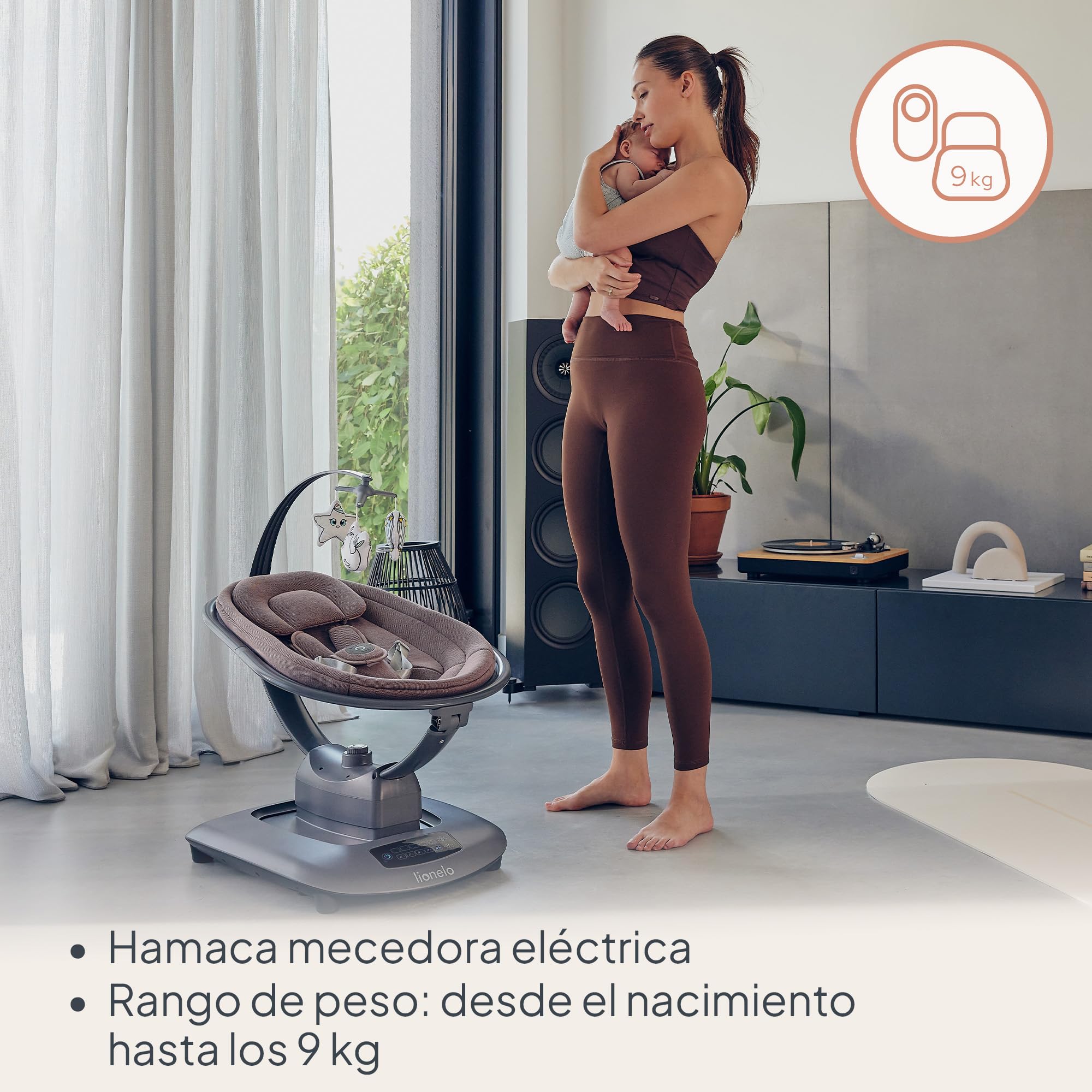 LIONELO BLOSSOM Hamaca bebé eléctrica hasta 9 kg Silla Mecedora para Bebé Respaldo Ajustable Balanceo natural 5 Velocidades Asiento Ergonómico Bluetooth Mando a Distancia, 5 melodías