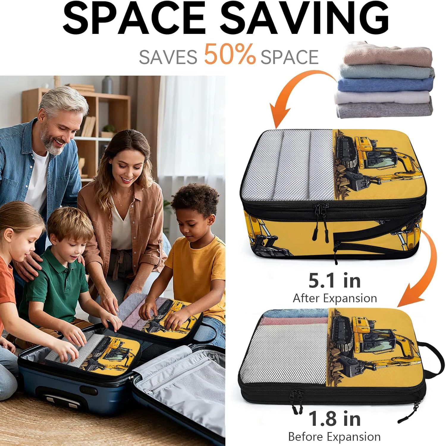 Construction Excavator Bulldozer Construction Vehicle 6 Set Compression Packing Cubes for Travel Essentials Compressible Expandable Luggage Suitcase Organizer Bag