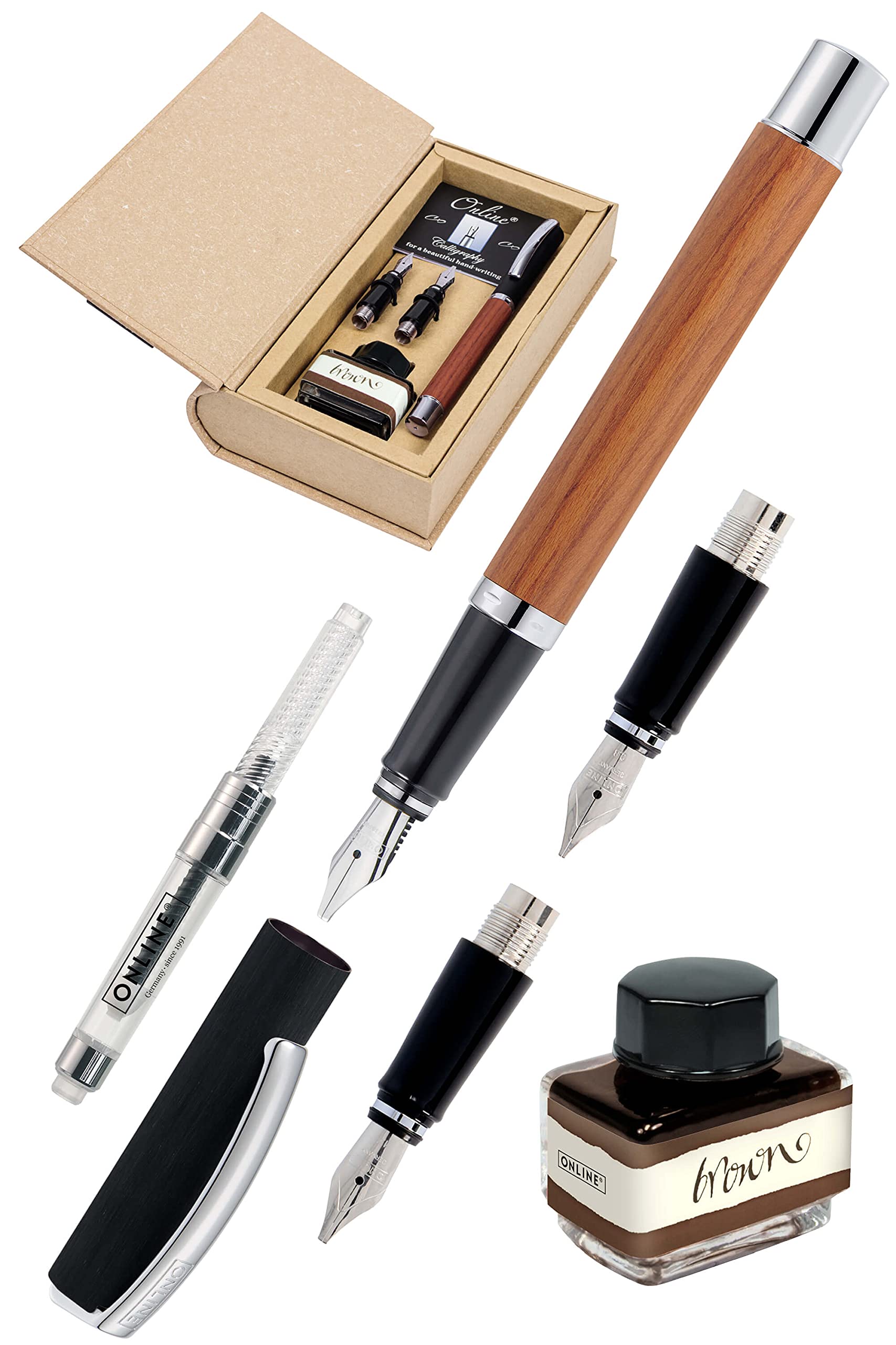 ONLINE 36783 Kalligrafie-Set Vision Nature Rosewood, Füller mit 3 Kalligraphie-Federn Breite 0.8, 1.4, 1.8 mm, inklusive Tintenglas braun, in edler Geschenk-Box, Schönschreib-Füller Holz