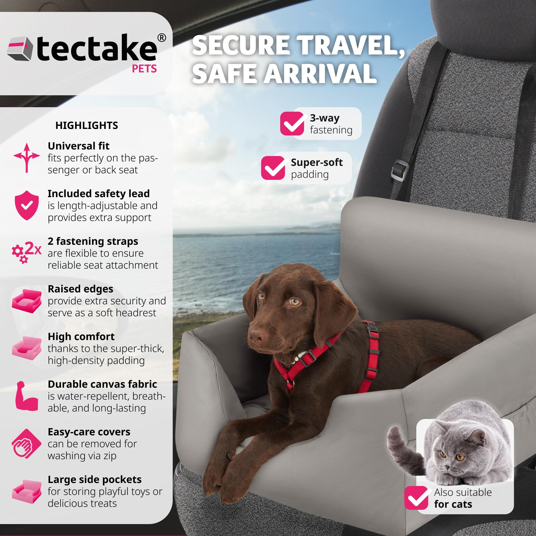 Tectake Milow Padded Dog Car Seat With Safety Lead - Car Basket - Comfortable And Safe - Div Colours - Grey - 55 X 50 Cm - View #2