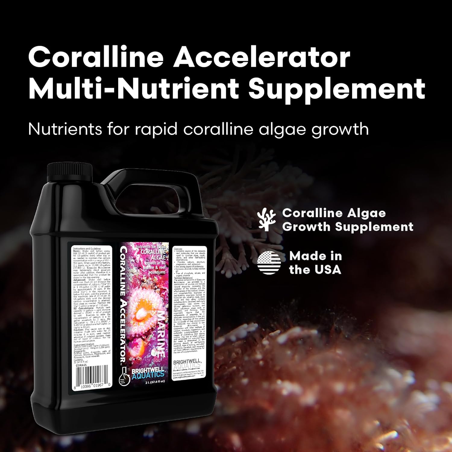 Brightwell Aquatics - Coralline Accelerator - Multi-Nutrient Supplement for Coralline Algae Growth in Marine and Reef Aquariums - Aquarium Water Treatments, 67.6 fl oz